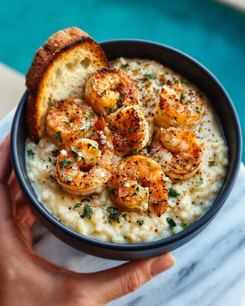 A woman's hand holds a white bowl filled with creamy risotto topped with six golden, grilled shrimp arranged in a circle. The risotto is smooth and pale yellow, with small green herbs sprinkled on top for color. The shrimp have a slightly charred, light orange surface with grill marks. The bowl rests on a white marbled surface with a blurred turquoise background. photo taken with an iphone --ar 4:5 --v 7