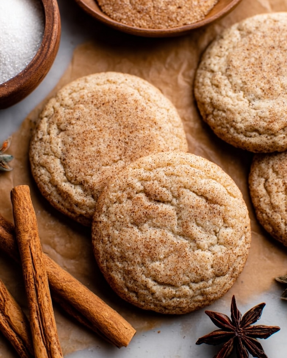 The image shows a close-up view of six round, golden-brown cookies with a slightly cracked surface, arranged on a white marbled surface covered partly by a light brown parchment paper. The cookies have a rough texture with visible granules of sugar and soft edges. Two cinnamon sticks lie diagonally in the bottom left corner, and a dark brown star anise is placed at the bottom right, adding a touch of spice decoration to the scene. In the top left corner, there is a wooden bowl filled with white sugar, partially visible. photo taken with an iphone --ar 4:5 --v 7