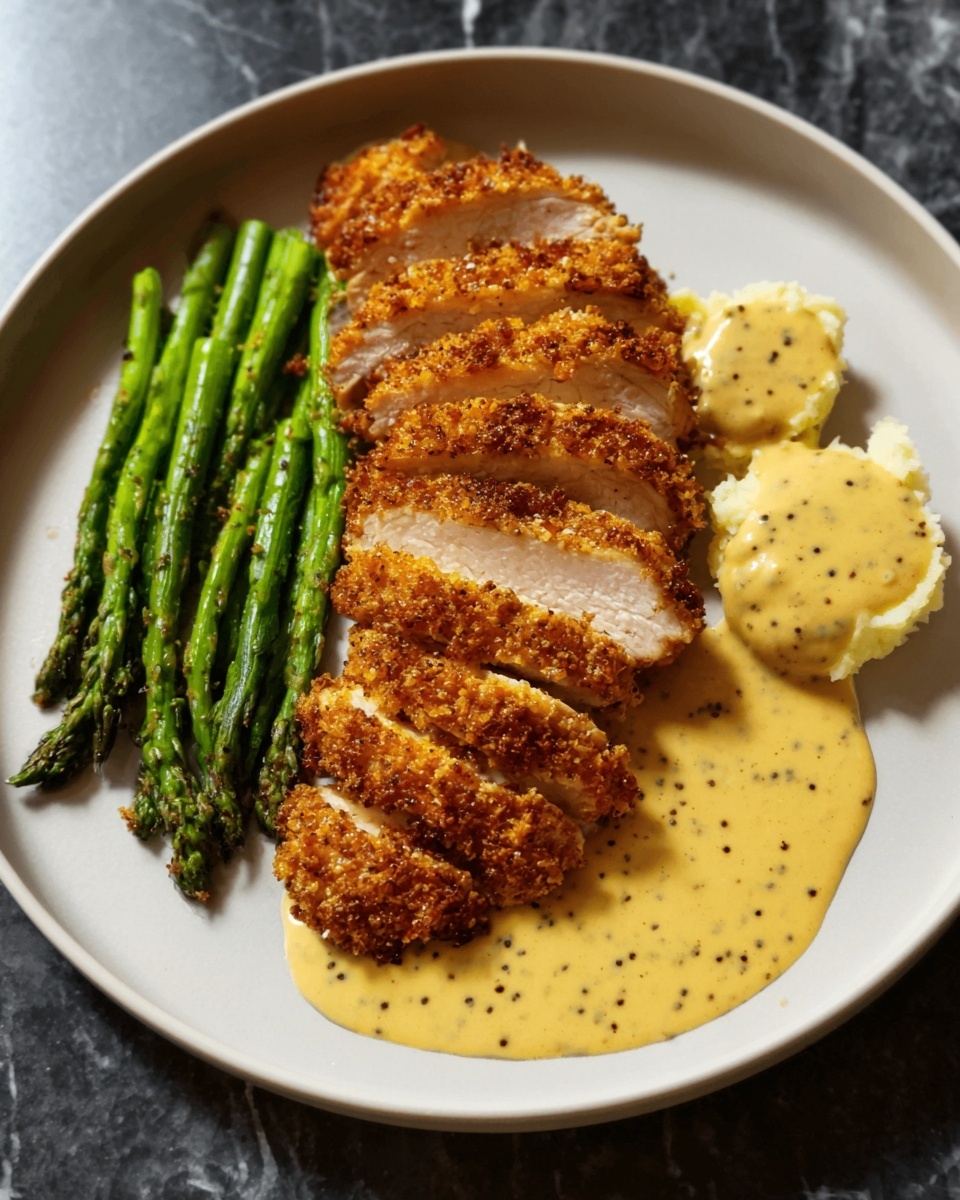 A white plate with a meal consisting of several layers: on the left, a pile of cooked green asparagus with a slight shine; next to it, four thick slices of roasted chicken breast with a golden crust and some pepper seasoning visible on top; under the chicken, a round bed of crispy brown rice creating a textured base; on the right side, smooth yellow mustard sauce with visible mustard seeds forming a half-moon shape; on top of the sauce, three small dollops of creamy mashed potatoes with black pepper sprinkled on them. The plate is placed on a white marbled surface. Photo taken with an iphone --ar 4:5 --v 7