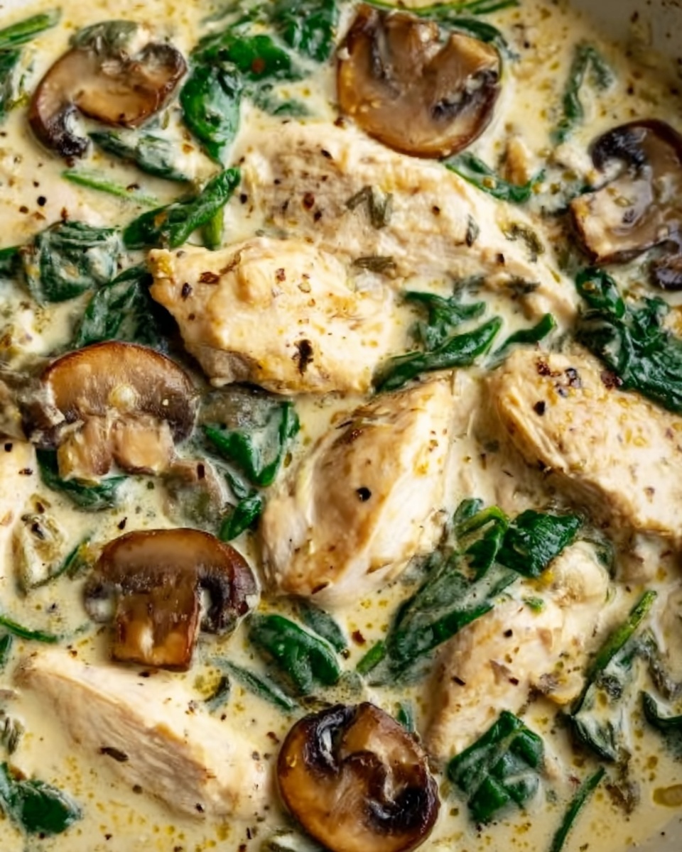 A creamy soup with layers of sliced mushrooms and shredded chicken spread evenly throughout. The soup base is light beige with a smooth, thick texture, dotted with green spinach leaves adding a fresh contrast. The mushrooms are light brown with white edges and soft texture, floating on top and inside the soup. The chicken pieces are white and tender, mixed well with the soup. The bowl is white, placed on a white marbled surface. photo taken with an iphone --ar 4:5 --v 7