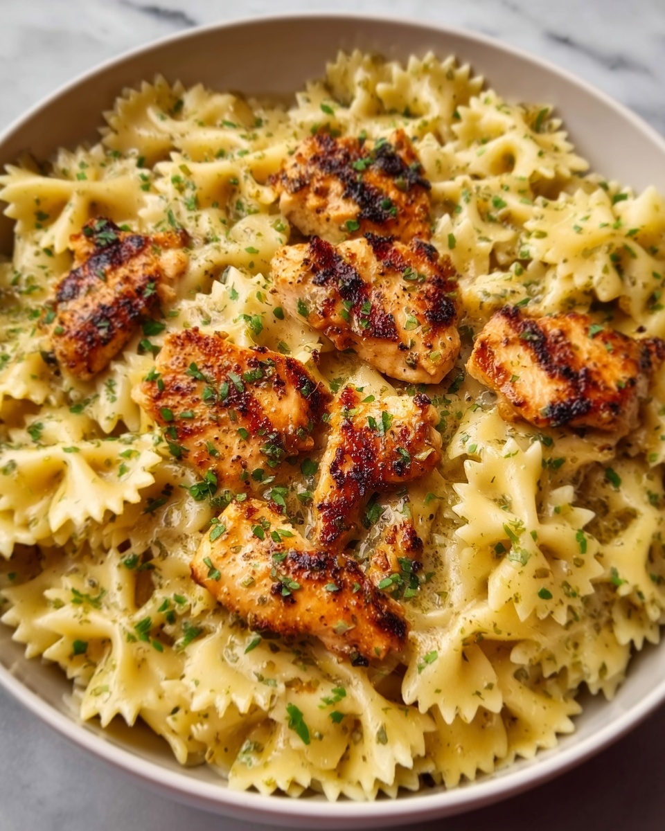 A white plate filled with bowtie pasta mixed with creamy sauce, topped with several golden-brown grilled chicken breasts that have a slightly crispy texture with herbs scattered on top. The pasta is coated evenly with the sauce, showing a smooth, light yellow color with small green herb bits throughout. The chicken pieces rest on the pasta in a layered arrangement, giving a balanced look. The entire dish sits on a white marbled surface. Photo taken with an iphone --ar 4:5 --v 7