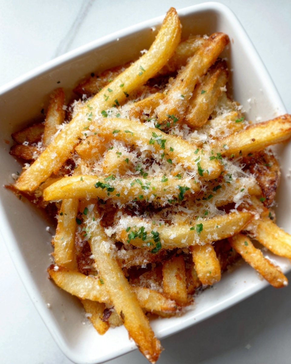 A white square bowl filled with golden-brown French fries topped with a generous layer of grated parmesan cheese and small green parsley bits scattered over the fries. The fries have a crispy texture with a slight shine from oil, and the cheese adds a light dusting of off-white color on top. The bowl is set against a white marbled surface. Photo taken with an iphone --ar 4:5 --v 7