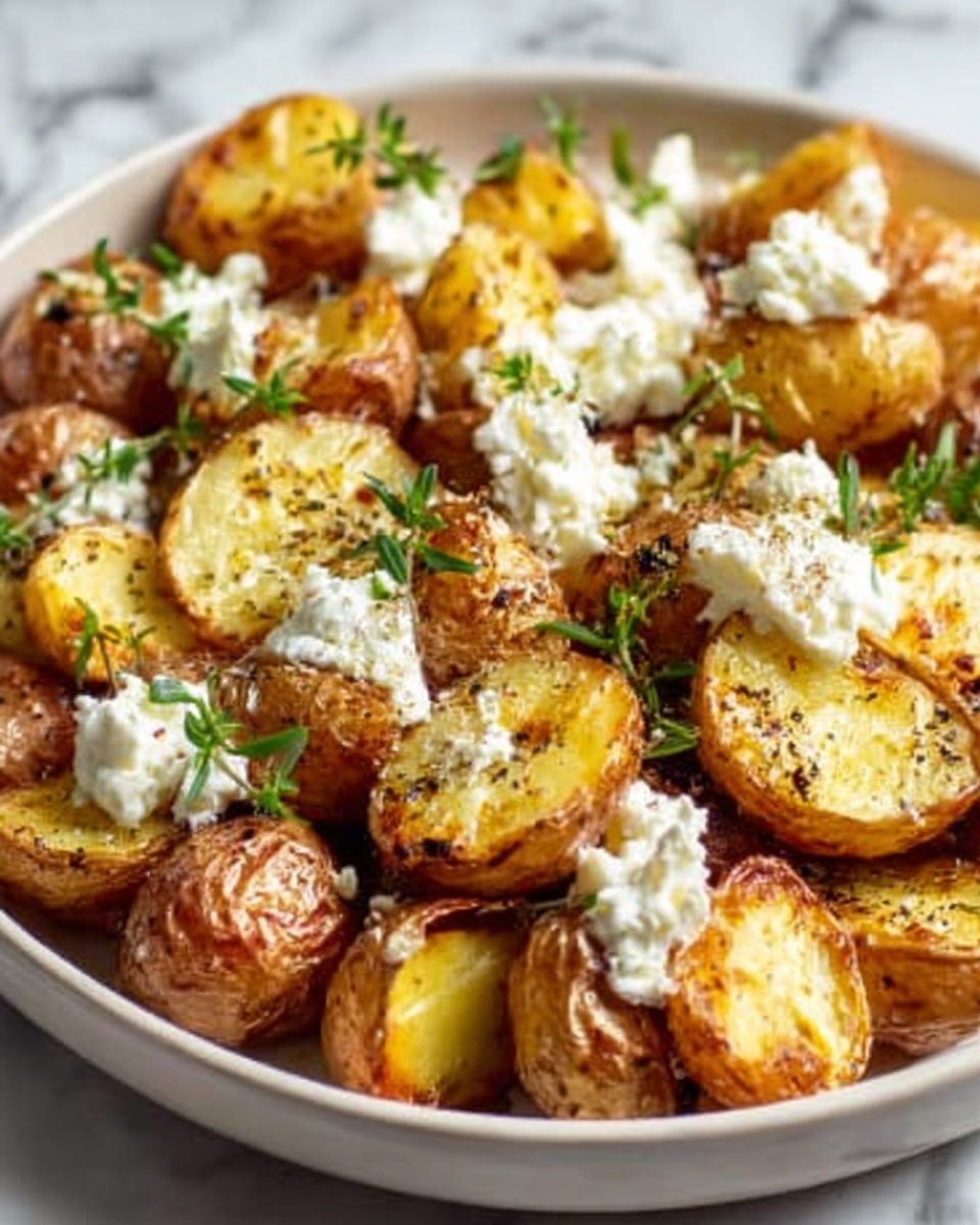 The image shows a white plate filled with roasted small potato halves. The potatoes are golden brown on the cut sides, with a slightly crispy texture. On top of them are dollops of white creamy cheese, spread unevenly across the potatoes. There are small green herb sprigs scattered over the dish, adding a touch of color and freshness. The plate sits on a background with a white marbled texture. photo taken with an iphone --ar 4:5 --v 7