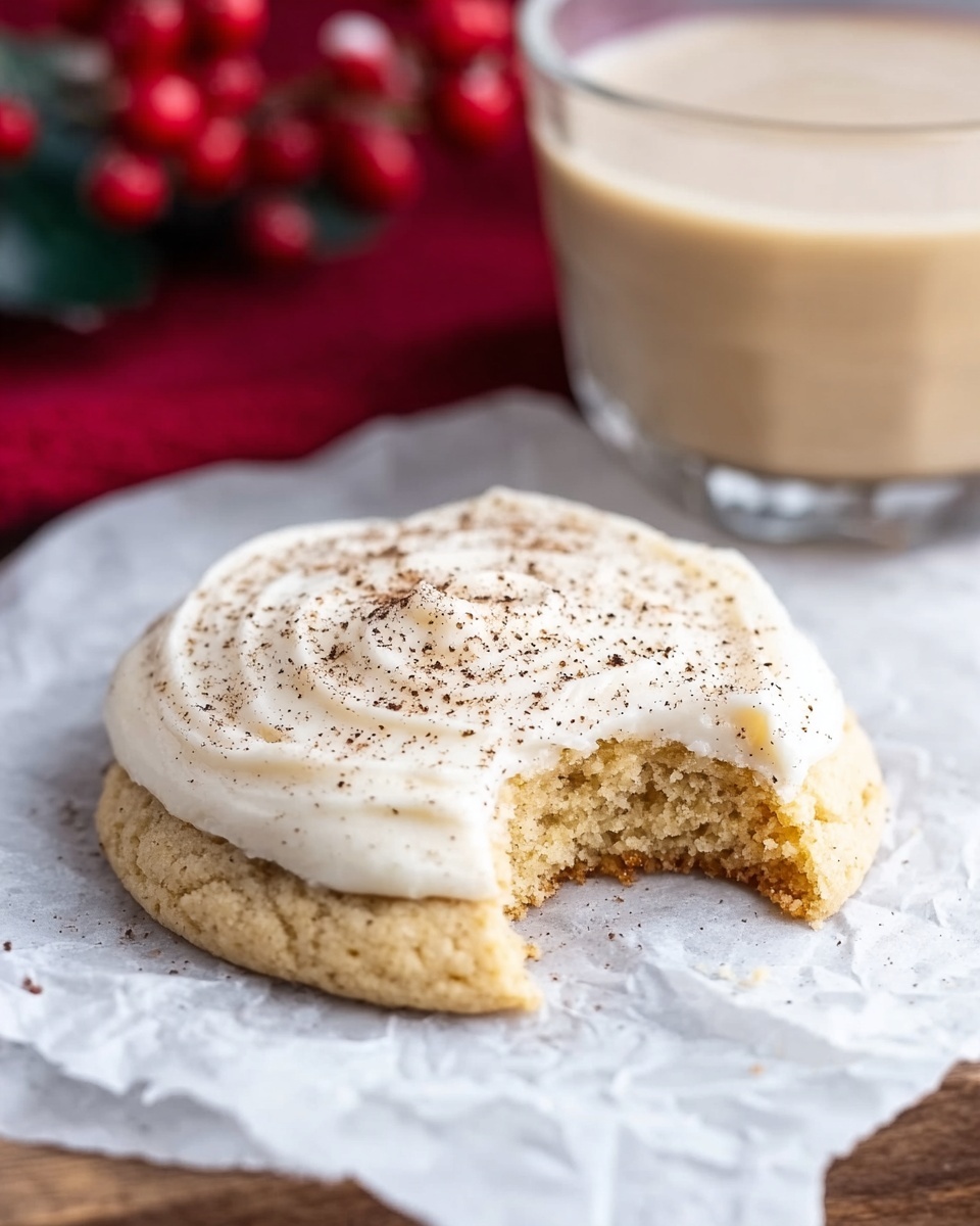 A single round cookie with a thick, creamy white frosting layer spread unevenly on top, sprinkled lightly with a dark brown powder. The cookie itself has a soft, crumbly texture with a light golden color, and a bite has been taken out of it, showing the cookie's inside. It sits on a crumpled white paper over a white marbled surface, with a clear glass containing a light tan drink blurred in the background along with red cloth and red berries. Photo taken with an iphone --ar 4:5 --v 7