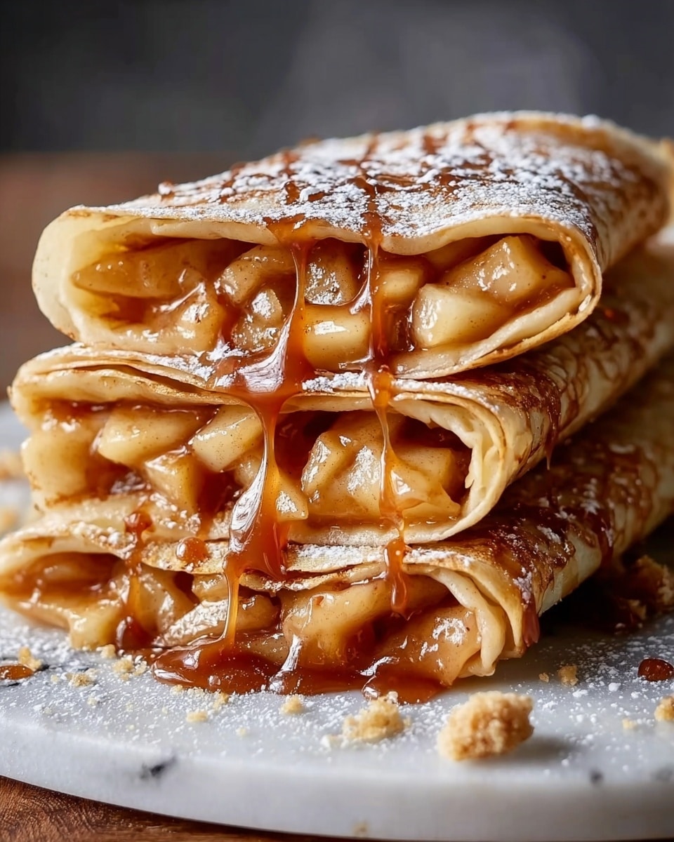 The image shows three folded crepes stacked on top of each other on a white marbled surface. Each crepe has a light golden-brown color with a slightly crispy texture on the outside. Between each layer, there is a filling of caramel sauce with chunks of cooked apples that are soft and glossy. More caramel sauce is dripping from the top crepe down the sides, adding a shiny, sticky look. The top is dusted lightly with powdered sugar, giving a fine white contrast to the warm tones of the crepes and caramel, with some small crumb pieces scattered around. A slight steam rises from the stack, making the dish look freshly made and warm. photo taken with an iphone --ar 4:5 --v 7