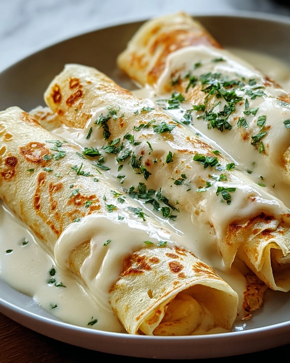 The image shows three rolled crepes arranged side by side on a white plate, each crepe light golden brown with subtle spots of darker brown where they have been cooked. The crepes are covered evenly with a creamy, smooth white sauce that has a few small browned spots from being lightly baked or broiled. Scattered on top of the sauce are small, fresh green herb pieces adding a pop of color and contrast. The plate rests on a surface with a white marbled texture in soft focus behind it. photo taken with an iphone --ar 4:5 --v 7
