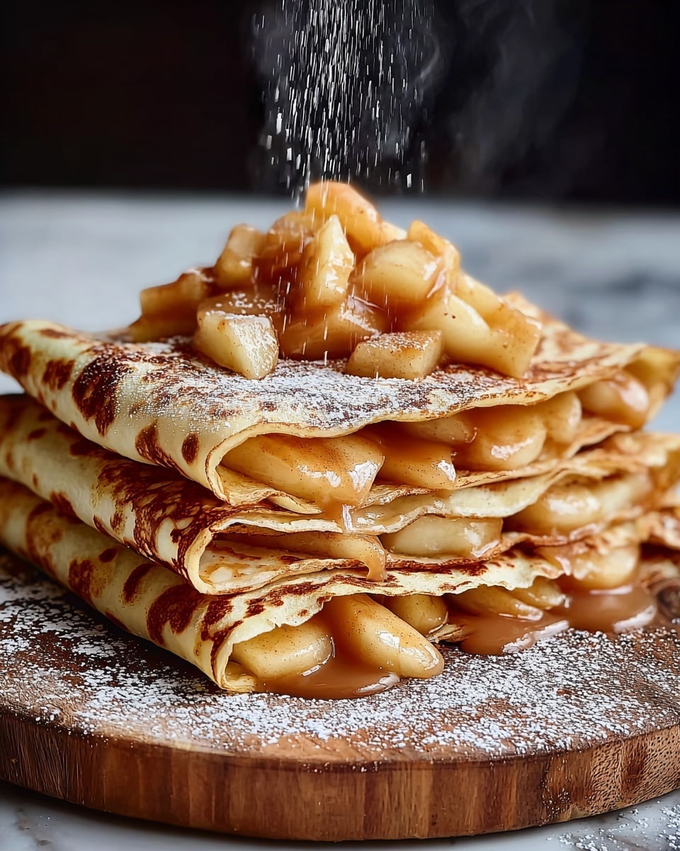 A stack of three folded crepes is placed on a round wooden board dusted with white powdered sugar and light brown cinnamon powder. Each crepe is golden brown with a soft, slightly crispy texture, and they are folded neatly to hold a gooey, warm filling of cinnamon-spiced apple chunks in a glossy caramel sauce. Steam rises gently from the top crepe, where the apple filling spills out, creating an inviting, fresh look. The background shows a soft blur with warm tones and a white marbled texture under the board. photo taken with an iphone --ar 4:5 --v 7
