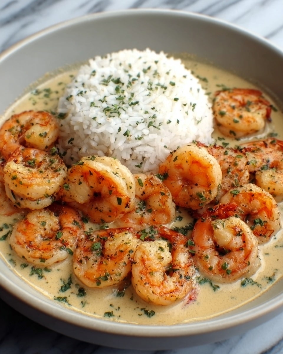 The dish shows a round white bowl filled with a creamy sauce topped with about twelve cooked shrimp that are orange with slight char marks. The shrimp sit on one side of the bowl while a neat mound of plain white rice is on the opposite side. The sauce is light beige, smooth, and slightly thick, spreading under the shrimp and rice. Small green herbs are sprinkled evenly over the shrimp and rice for color. The bowl is set on a white marbled surface. photo taken with an iphone --ar 4:5 --v 7