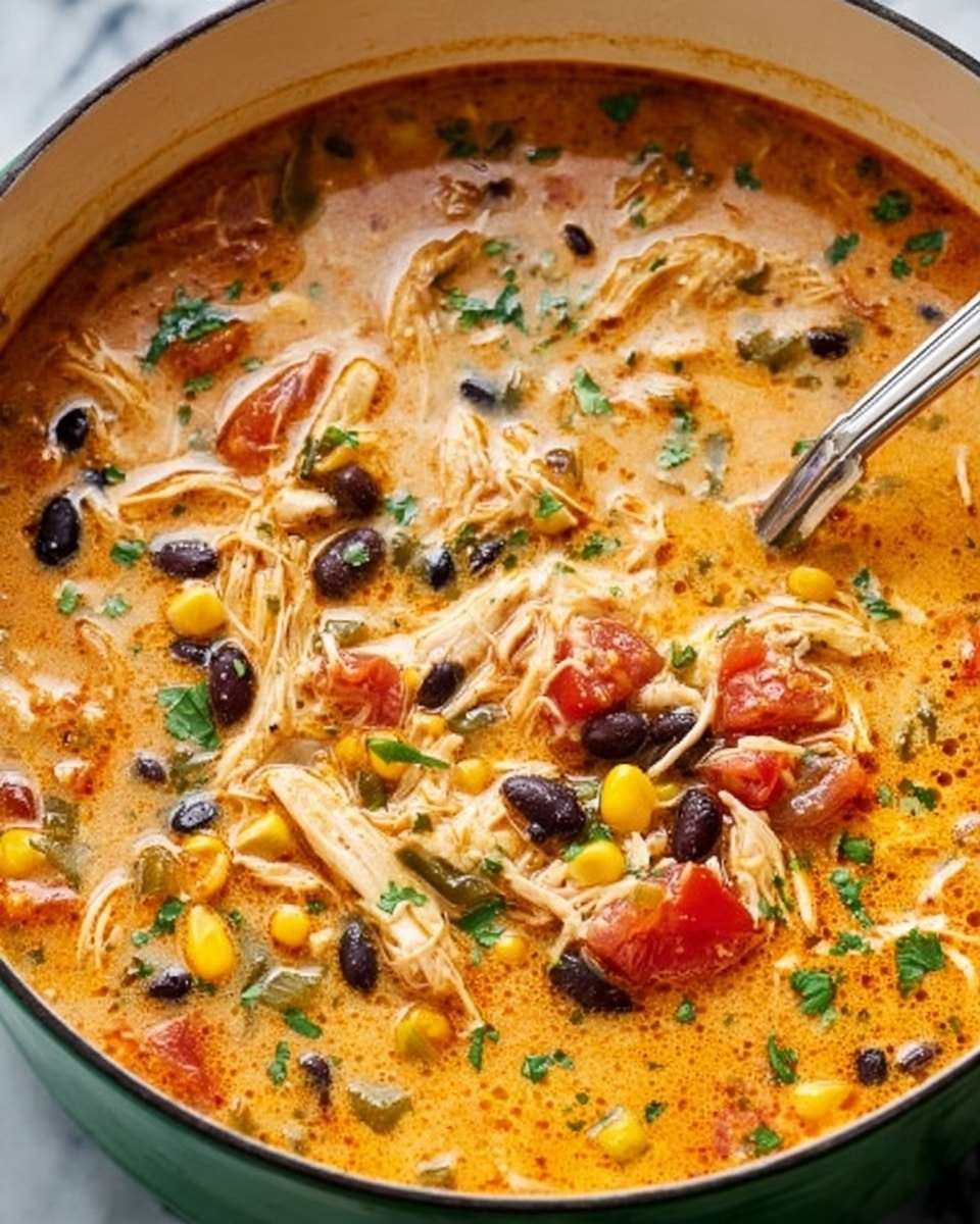 A close-up view of a creamy soup in a white pot, filled with shredded chicken, black beans, yellow corn, diced tomatoes, and small green vegetable pieces. The soup has a thick, orange-colored broth with visible herbs sprinkled on top. A silver spoon rests inside the pot, partially submerged in the soup. The pot is set on a white marbled surface. photo taken with an iphone --ar 4:5 --v 7