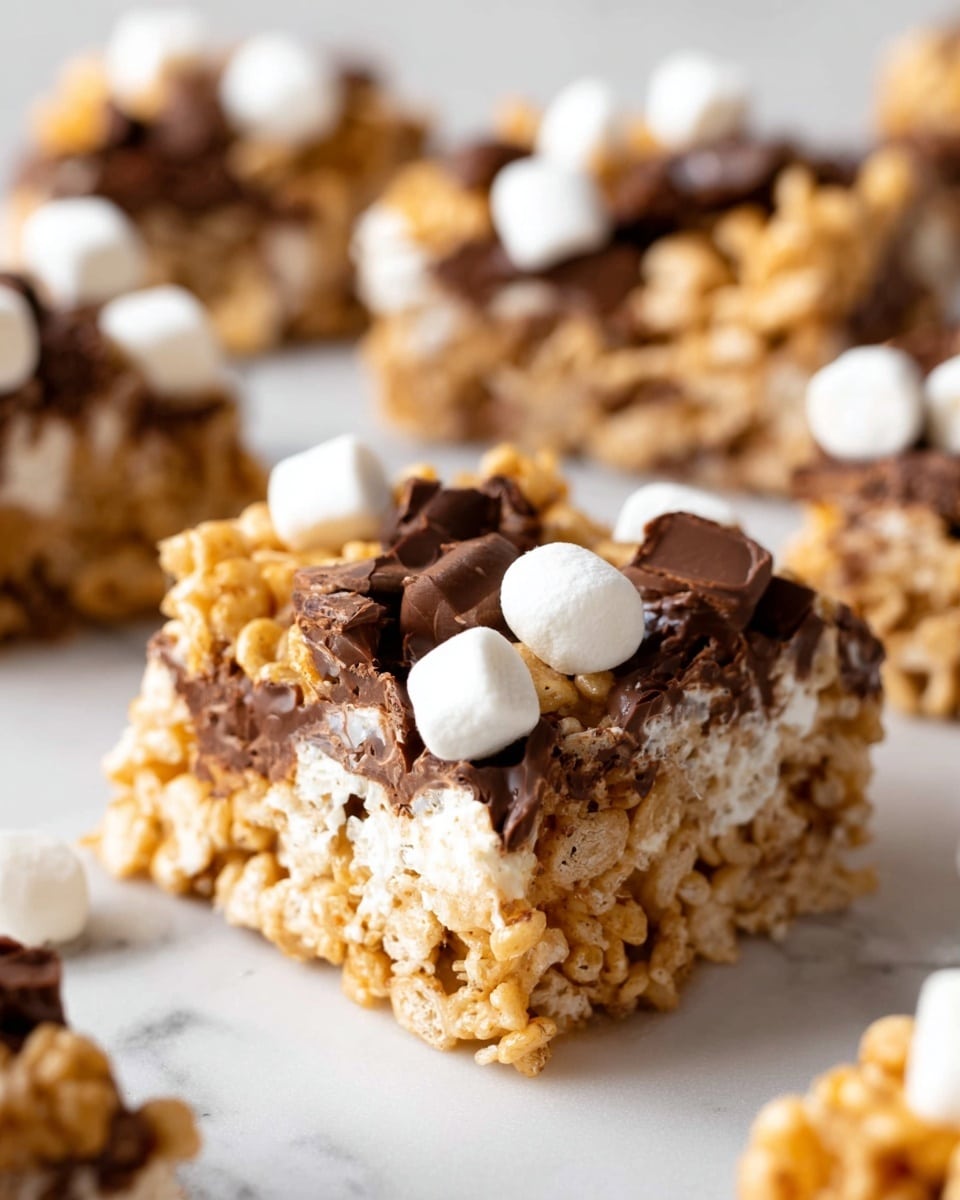 The image shows several square treats made of cereal mixed with melted marshmallow that creates a sticky, white layer binding them together. The treats have layers including light brown cereal pieces at the bottom, a thick white marshmallow layer in the middle, and melted dark chocolate spread on top with some small white marshmallows stuck on it. The treats are set on a white marbled surface with soft lighting highlighting their gooey and crunchy texture. Photo taken with an iphone --ar 4:5 --v 7