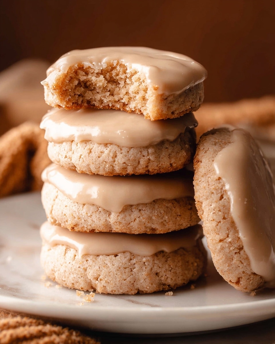 A stack of five round cookies sits on a white plate placed on a white marbled surface; each cookie has a thick light beige base with a rough texture and is topped with a smooth, glossy tan icing. The top cookie is bitten into, exposing a soft, crumbly interior with a slightly darker brown crumb. Next to the stack, another cookie leans against it, showing the same layers and texture. The background is warm and softly blurred, with a brown textured cloth adding cozy tones to the image. Photo taken with an iphone --ar 4:5 --v 7