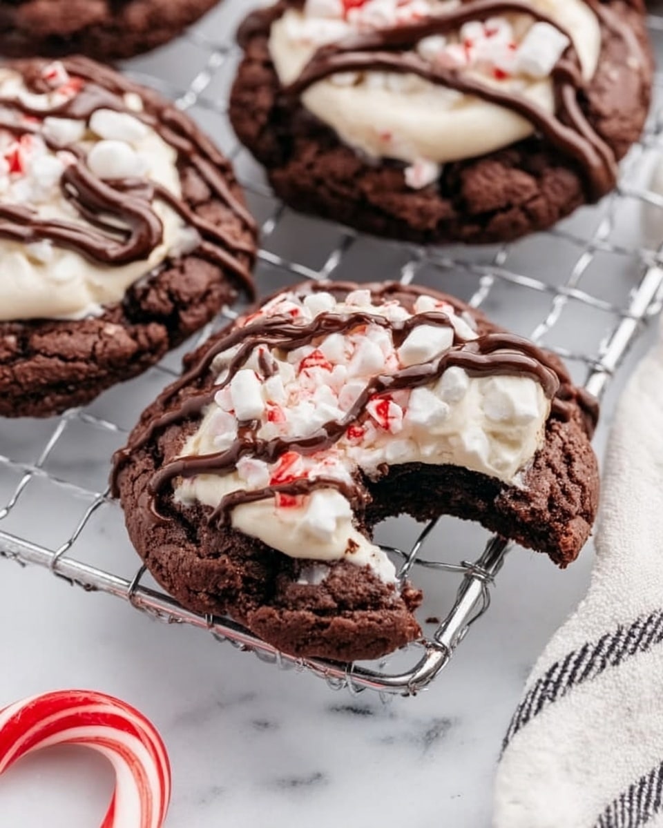 The image shows several chocolate cookies with a large square of white chocolate peppermint on top. The cookies are dark brown with a soft texture, and the white chocolate peppermint layer is creamy white with small red candy pieces mixed in. One cookie is shown bitten, revealing a gooey inside with melted peppermint chocolate. The cookies rest on a white marbled surface, and a white woman's hand is gently holding one cookie. A large candy cane with red and white stripes lies nearby. photo taken with an iphone --ar 4:5 --v 7