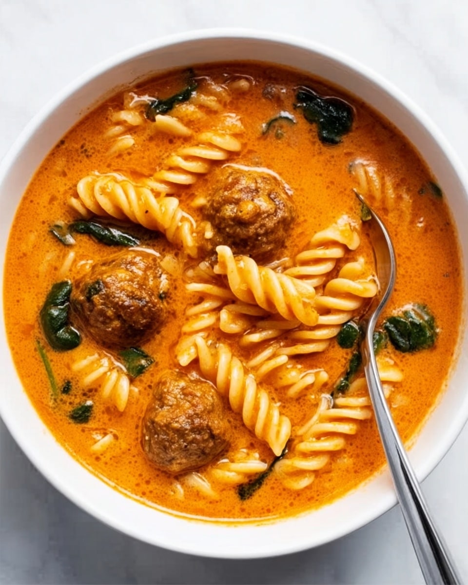 A white bowl filled with a creamy orange soup containing three brown meatballs and several light yellow spiral pasta pieces scattered throughout. Small green spinach leaves are mixed gently in the soup, adding some contrast. A silver spoon rests inside the bowl on the right side, partially submerged in the soup. The bowl is placed on a white marbled surface. Photo taken with an iphone --ar 4:5 --v 7