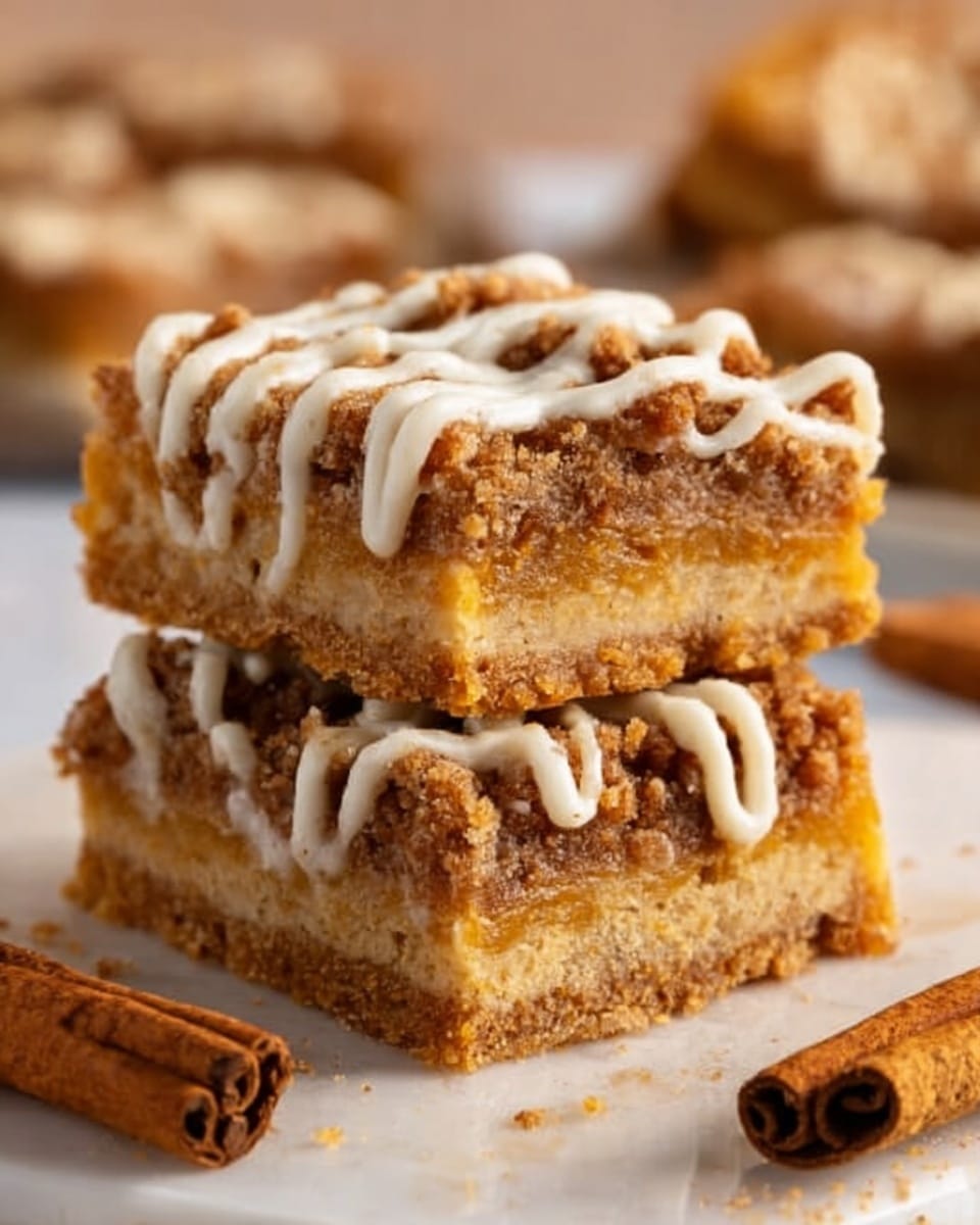 The image shows two square dessert bars stacked on top of each other on a white marbled surface, with a third piece partly visible to the side. Each bar has three layers: a light brown crunchy base, a soft golden brown middle layer, and a crumbly darker brown topping with a crunchy texture. White icing in a zigzag pattern decorates the top of both bars. Two cinnamon sticks lie next to the desserts, adding warmth to the scene. The background is softly blurred, with warm light emphasizing the texture details of the bars. photo taken with an iphone --ar 4:5 --v 7