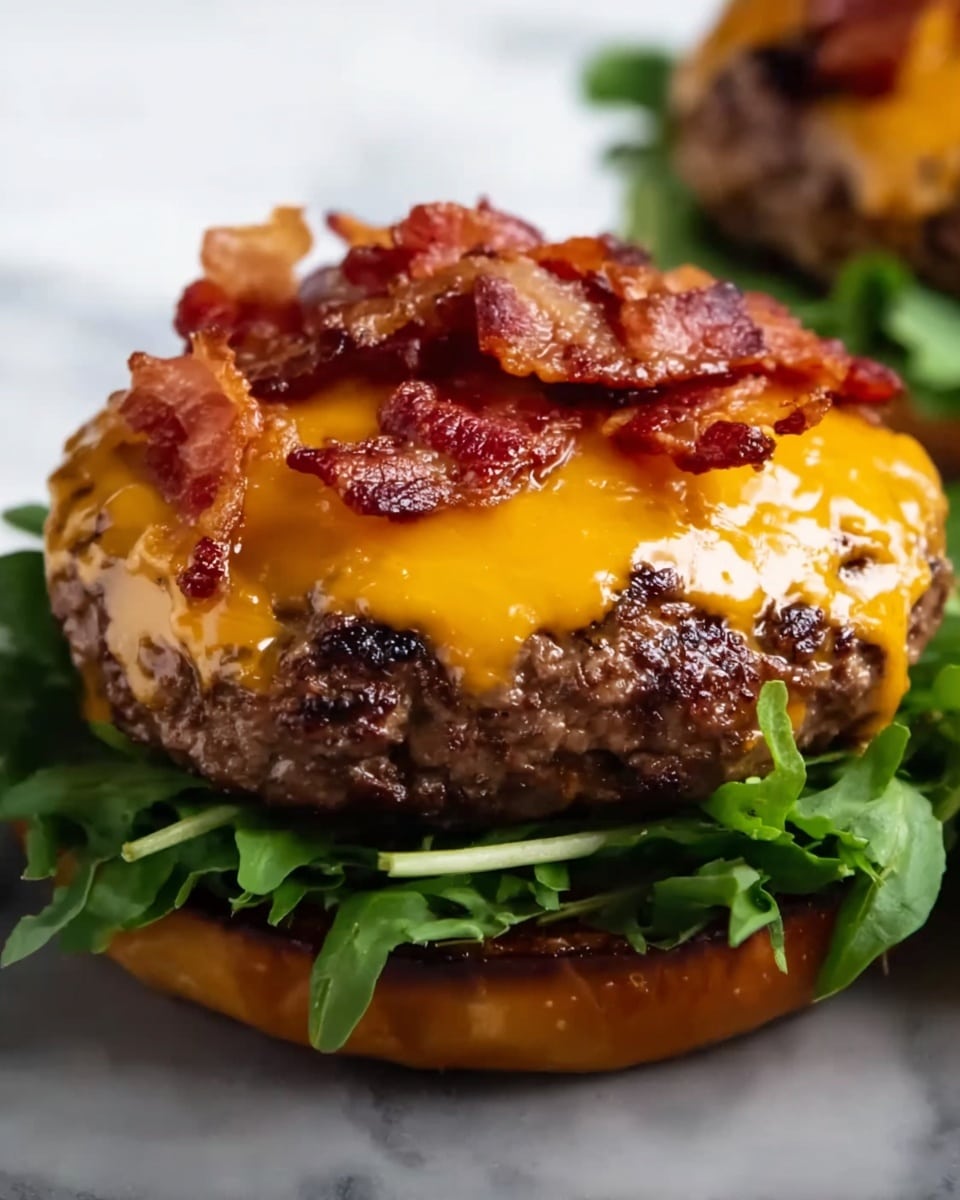 A thick, juicy beef patty forms the base layer, cooked with a dark brown, slightly crispy char on its surface. On top, a glossy layer of melted cheddar cheese covers the patty, bright orange and smooth, melting over the edges. The top layer is a scattering of crispy, reddish-brown bacon strips, adding texture and a shiny finish. Underneath the patty, fresh green leafy lettuce peeks out, adding a vibrant green color and slight crunch. The dish is shown close-up on a white plate, set on a white marbled surface. photo taken with an iphone --ar 4:5 --v 7