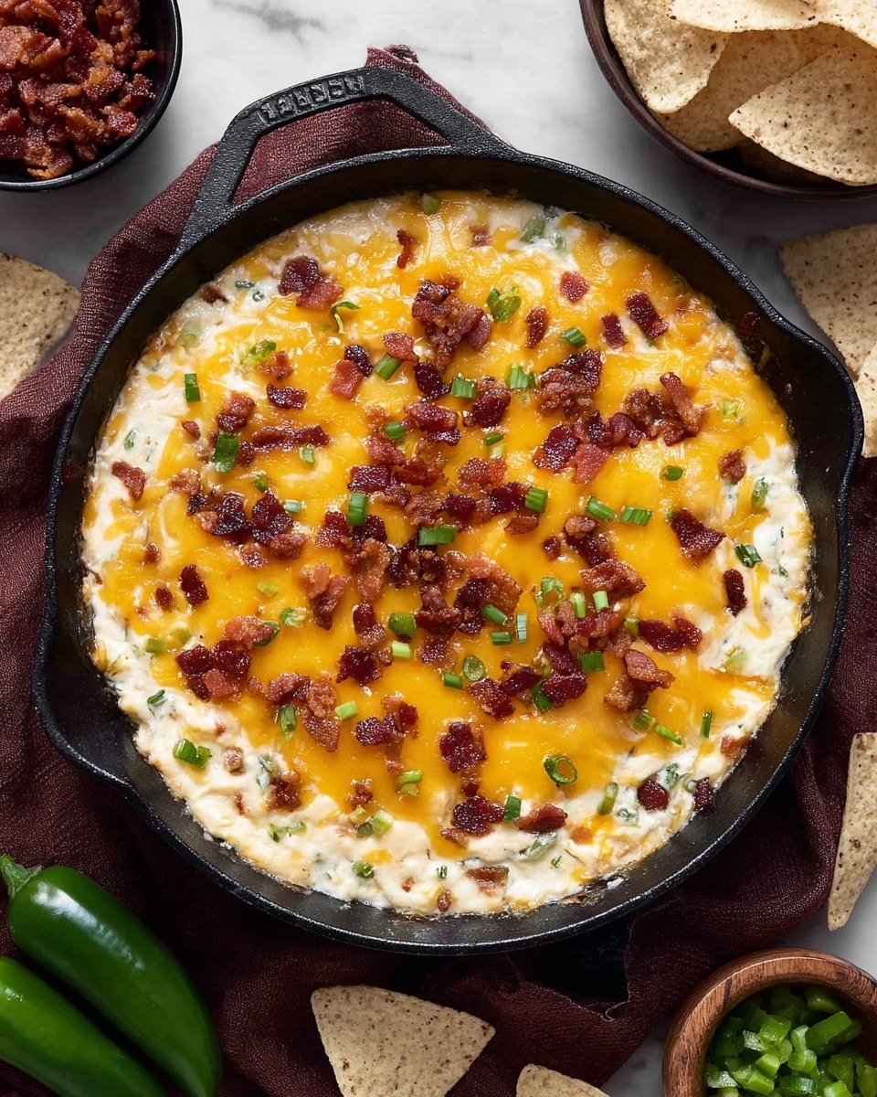 This image shows a black cast iron skillet filled with a creamy dip layered in two visible parts: a thick, white creamy base mixed with small green herb pieces, and a bright orange melted cheese layer covering the top almost entirely. On top of the cheese, there are small pieces of crispy dark red bacon and diced green jalapeño scattered mainly in the center. The skillet sits on a wooden surface with a white marbled texture, surrounded by white tortilla chips and a small wooden bowl with more chopped green jalapeño, and two whole green jalapeños are placed beside the skillet. A dark cloth is partially visible under the skillet. Photo taken with an iphone --ar 4:5 --v 7