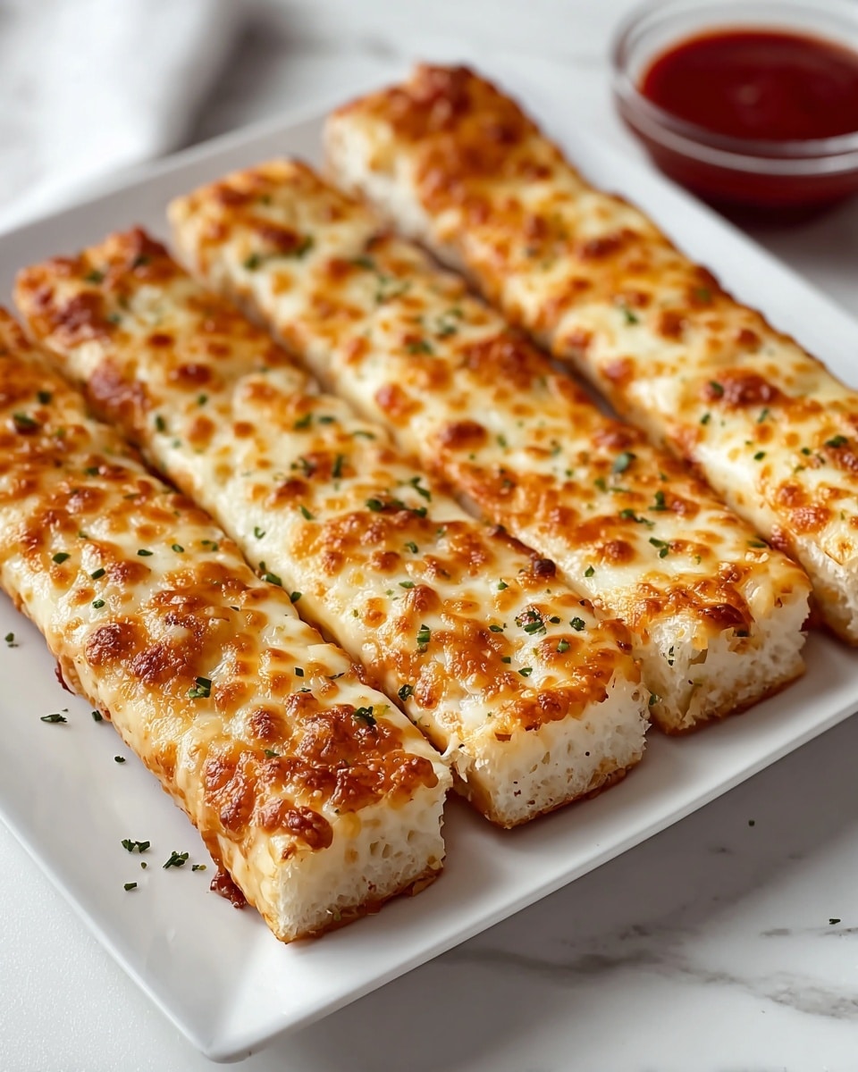 Four long, rectangular breadsticks are placed neatly side by side on a white rectangular plate. Each breadstick has a golden-brown toasted cheese layer on top that looks bubbly and slightly crispy, with small green herb flakes sprinkled evenly across the cheese. The bread beneath the cheese is soft and white, showing a light, airy texture. In the background, there is a small transparent glass bowl filled with a dark red dipping sauce, all resting on a white marbled surface with a soft white cloth blurred out behind it. photo taken with an iphone --ar 4:5 --v 7