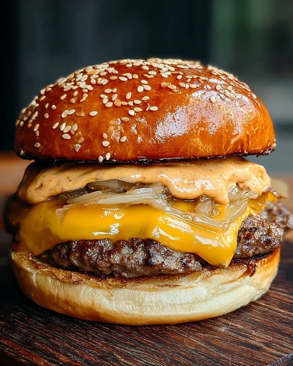 A close-up of a burger with five visible layers starts with a soft, toasted white bun bottom that is light golden-brown in color. On top of it is a thick, juicy grilled beef patty with a charred surface and melted bright yellow cheddar cheese slightly oozing over the edges. Above the cheese and beef are caramelized onions with a glossy, soft texture. The next layer is a creamy, orange-colored sauce spread unevenly, dripping down a bit. Finally, the shiny, golden-brown white sesame seed bun crown tops the burger, with visible reflections on its smooth surface. The burger sits on a wooden board with a blurred dark background replaced by a white marbled texture. photo taken with an iphone --ar 4:5 --v 7