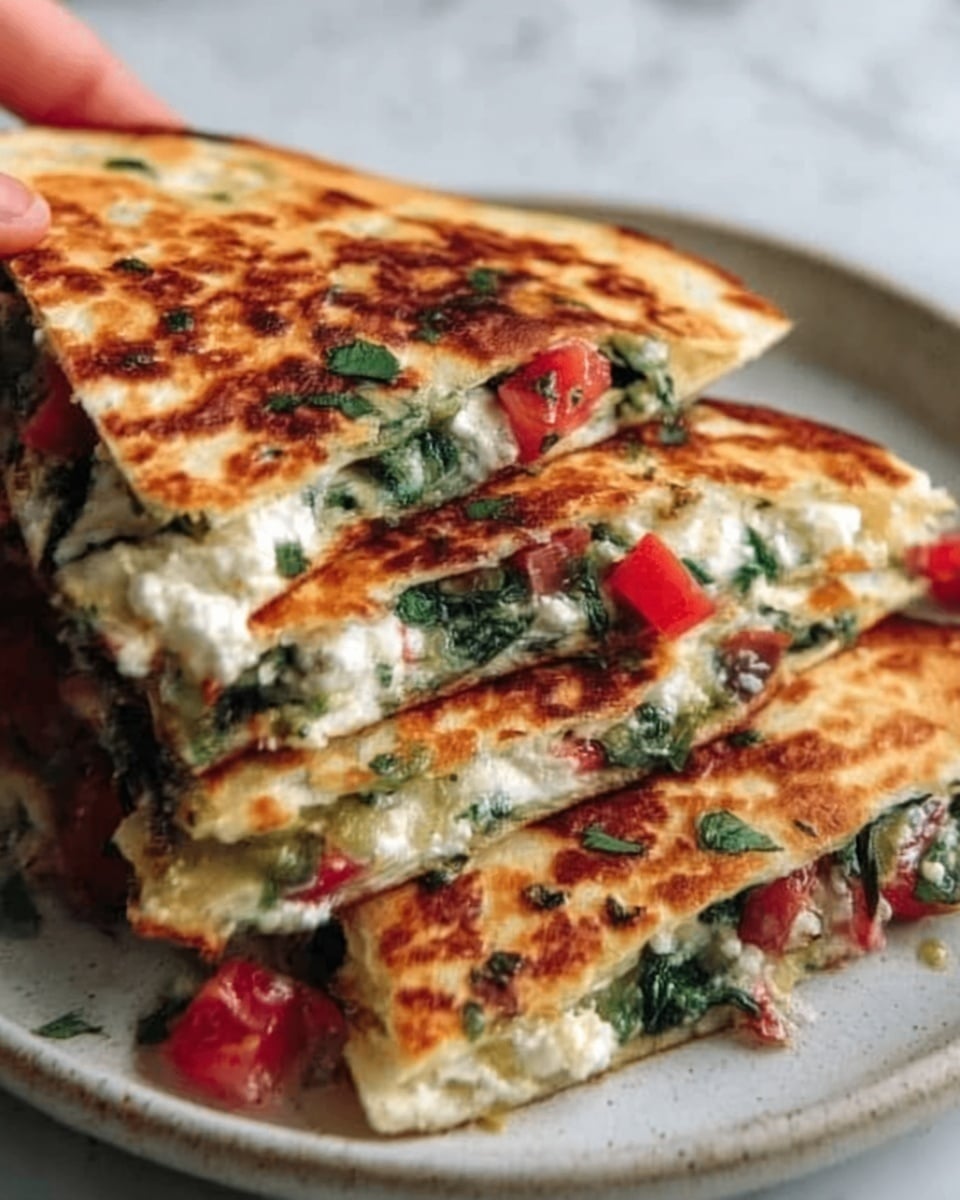 A close-up of a stack of quesadilla slices on a white plate, showing three visible layers per slice: a golden-brown toasted tortilla on top and bottom, a middle layer of white melted cheese mixed with green spinach leaves, and small chunks of red tomatoes scattered inside. The quesadilla is cut into triangular pieces, with some melted cheese oozing slightly at the edges, and fresh green cilantro sprinkled on top. The plate sits on a white marbled surface. photo taken with an iphone --ar 4:5 --v 7