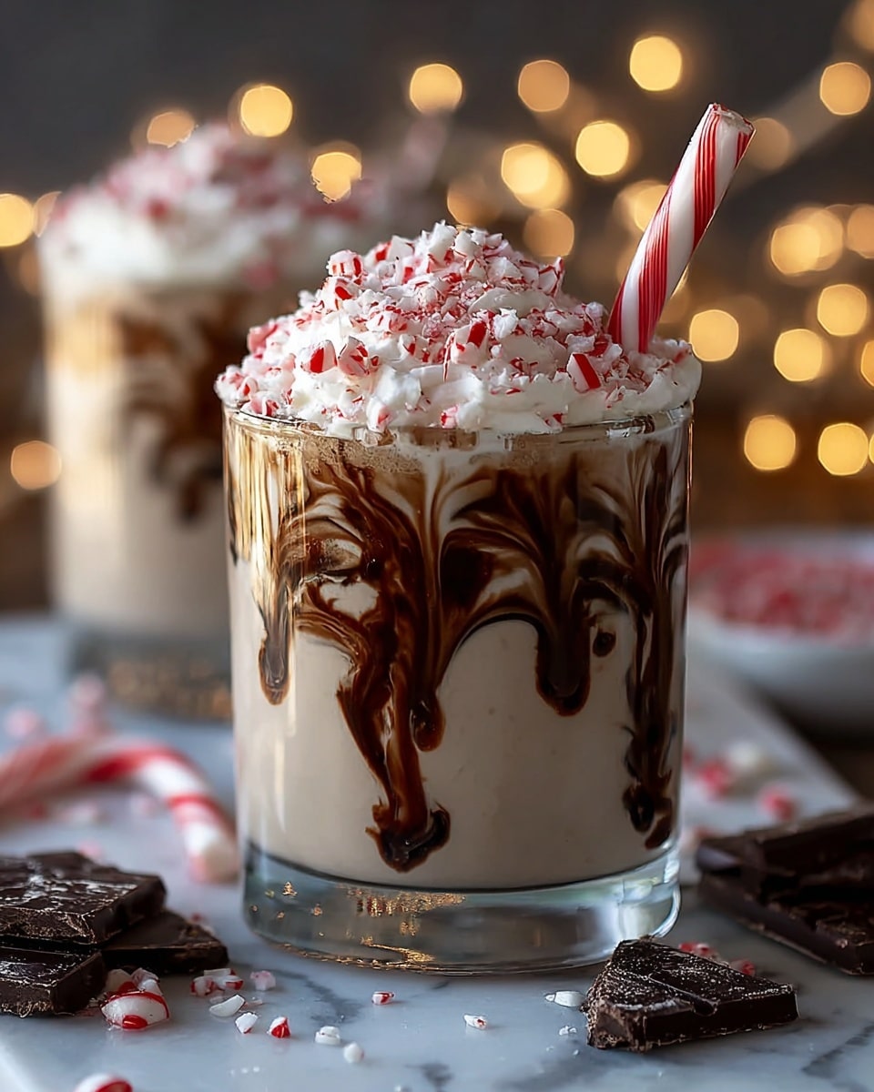 The image shows a clear glass filled with a creamy white drink that has thick swirls of dark brown chocolate syrup running down the inside of the glass. On top, there is a thick layer of whipped cream covered with crushed red and white peppermint candy pieces. A small whole red and white striped candy cane is placed sticking out from the whipped cream at an angle. Around the glass, on a white marbled surface, there are some scattered pieces of crushed peppermint candy and chunks of dark chocolate. In the background, there is a second glass with the same drink, whipped cream, and candy topping, with warm, blurred yellow lights adding a cozy feel. Photo taken with an iphone --ar 4:5 --v 7