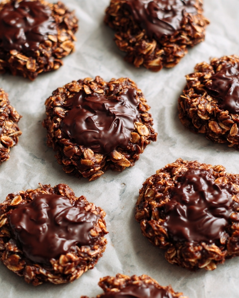 Several chocolate oatmeal cookies are laid out on a white marbled surface lined with light gray parchment paper. Each cookie is rich brown in color with a rough texture made from oats, and a glossy, slightly melted chocolate layer covers parts of their uneven tops. The cookies are round but not perfectly shaped, showing a chunky, homemade look, and are spaced evenly in rows across the surface. photo taken with an iphone --ar 4:5 --v 7