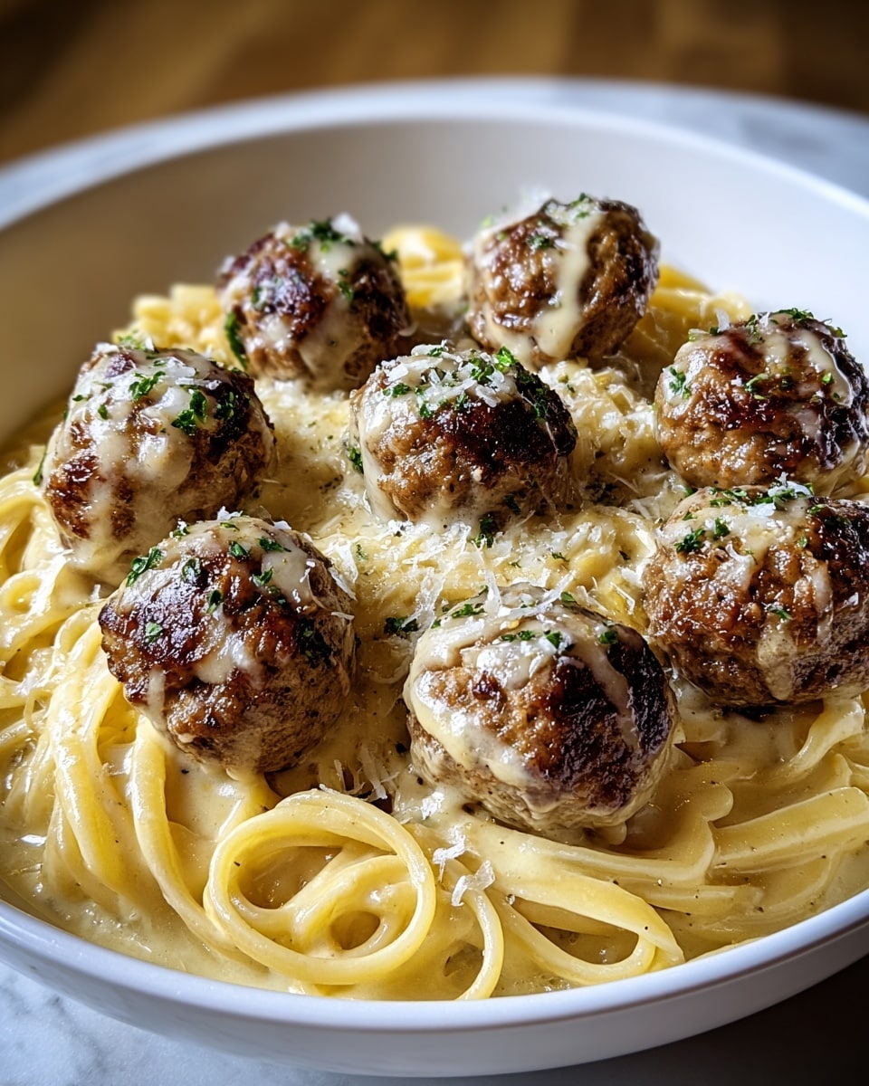 The image shows a white plate filled with creamy yellow spaghetti noodles arranged in a loose pile at the bottom. On top, there are eight brown meatballs with a slightly crispy texture. Each meatball is covered with a light layer of white melted cheese sauce and sprinkled with small green herb pieces. The noodles also have a smooth and creamy texture with a glossy finish, partially covered with white grated cheese. The plate is placed on a surface with a white marbled texture. photo taken with an iphone --ar 4:5 --v 7