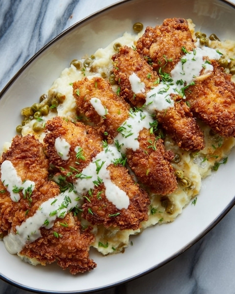 The image shows four pieces of golden-brown fried chicken strips placed neatly on a white oval plate. The chicken has a crispy, rough texture with a crunchy coating. Underneath the chicken, there is a layer of creamy mashed potatoes mixed with green peas, creating a soft and smooth base. Drizzled over the chicken strips is a thin ribbon of white sauce, garnished with small green herbs. The plate is set on a white marbled surface. Photo taken with an iphone --ar 4:5 --v 7