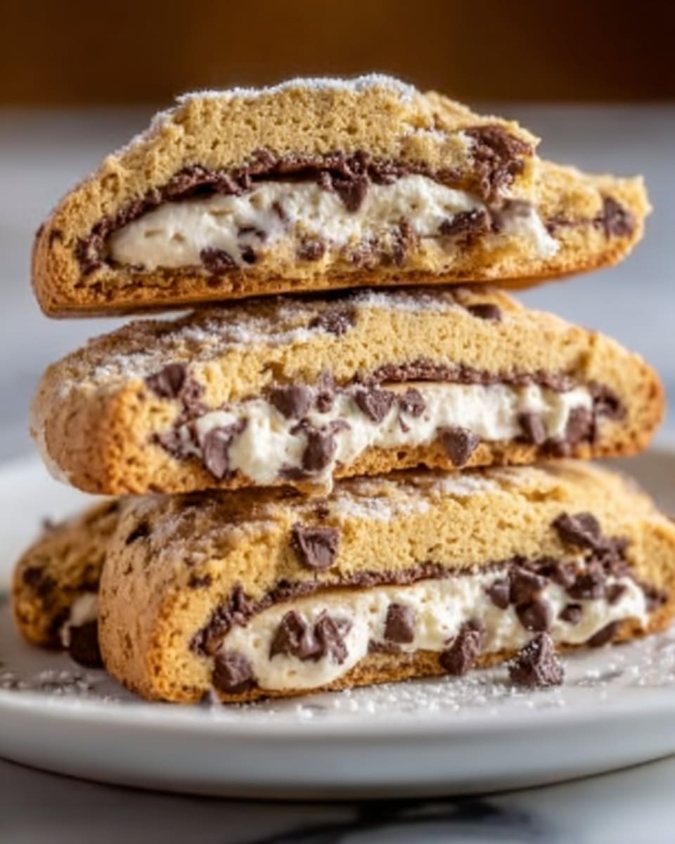 The image shows three stacked biscotti on a white plate. Each biscotti has a golden-brown baked outer layer with a rough, crumbly texture sprinkled with small cracks. Inside, there is a creamy light tan filling with visible chocolate chips scattered throughout. The top biscotti is slightly broken, revealing the soft center and chocolate chips. The plate rests on a white marbled surface, giving a clean and bright background. Photo taken with an iphone --ar 4:5 --v 7