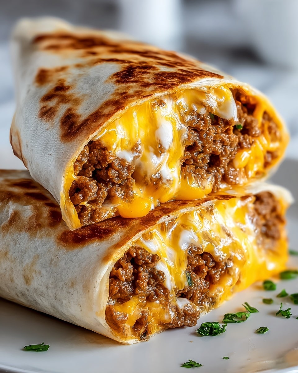 The image shows two halves of a burrito stacked on a white plate, each cut to reveal the inside layers. The outer layer is a soft, light brown toasted tortilla with some darker grill marks. Inside, there is a thick layer of melted yellow and white cheese that stretches out slightly, mixed closely with cooked ground beef that appears juicy and brown. Small bits of green garnish are sprinkled on top and around the burrito. The background is a white marbled texture, softly blurred. photo taken with an iphone --ar 4:5 --v 7
