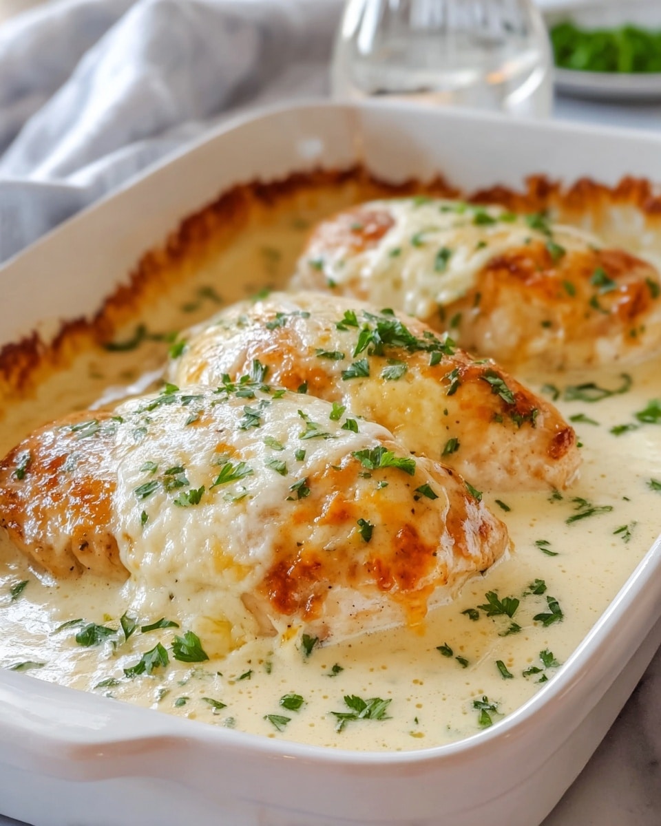 A white baking dish holds three pieces of golden brown chicken breasts covered in a creamy white cheese sauce that is thick and smooth, spreading around the chicken and pooling at the edges. The melted cheese topping on the chicken has a light golden color with some browning, giving a slightly crispy texture. Small green parsley leaves are sprinkled evenly on top, adding a fresh, bright color contrast. The dish rests on a white marbled surface, and the background is softly blurred with a carafe and glass faintly visible. photo taken with an iphone --ar 4:5 --v 7