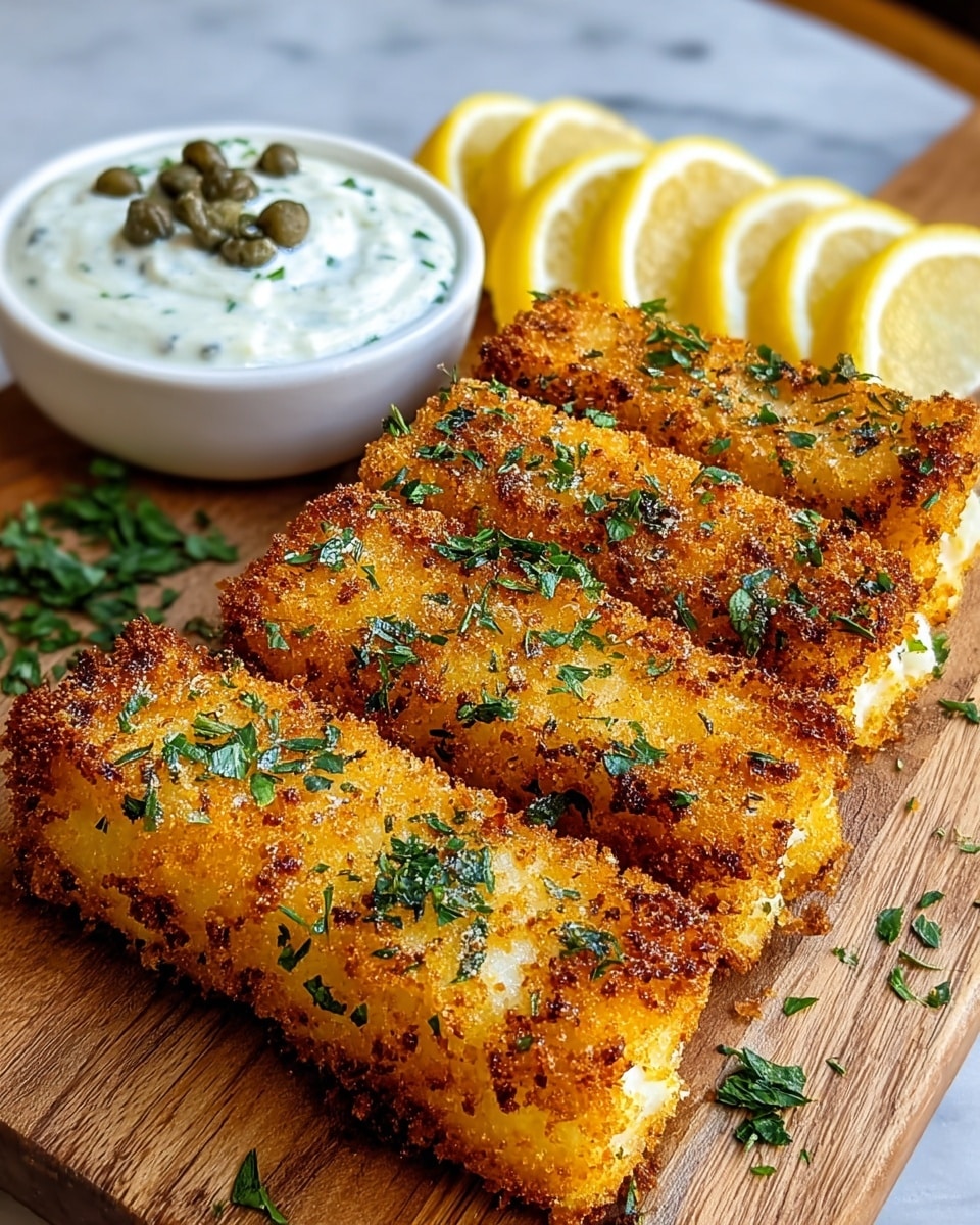 A wooden board holds five rectangular breaded pieces of fried mozzarella sticks, each with a crispy golden-brown crust and bits of parsley sprinkled on top in green. Behind the mozzarella sticks, there are several lemon wedges arranged in a row, showing bright yellow and white colors. To the left, there is a small white bowl filled with creamy white sauce that has small green herbs and darker capers on its surface. The whole dish is set on a white marbled surface. Photo taken with an iphone --ar 4:5 --v 7