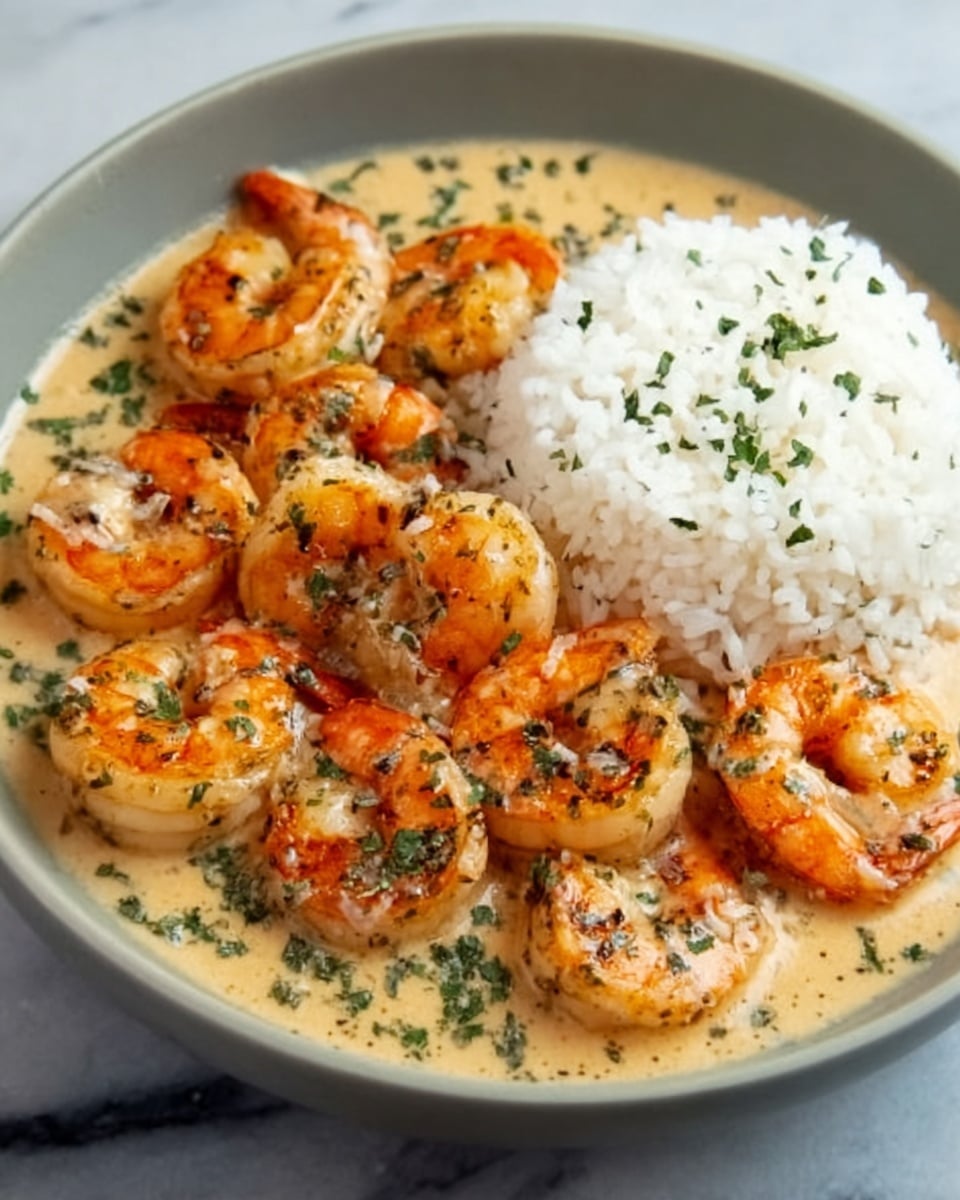 A white bowl filled with a creamy yellow sauce as the base layer, topped with a circle of white rice placed slightly off-center. Surrounding the rice, there are cooked shrimp arranged in a ring, each shrimp pink with slight char marks and sprinkled with chopped green herbs. The sauce looks smooth and glossy, lightly covering the shrimp and pooling slightly at the edges of the bowl. The background shows a white marbled texture. photo taken with an iphone --ar 4:5 --v 7