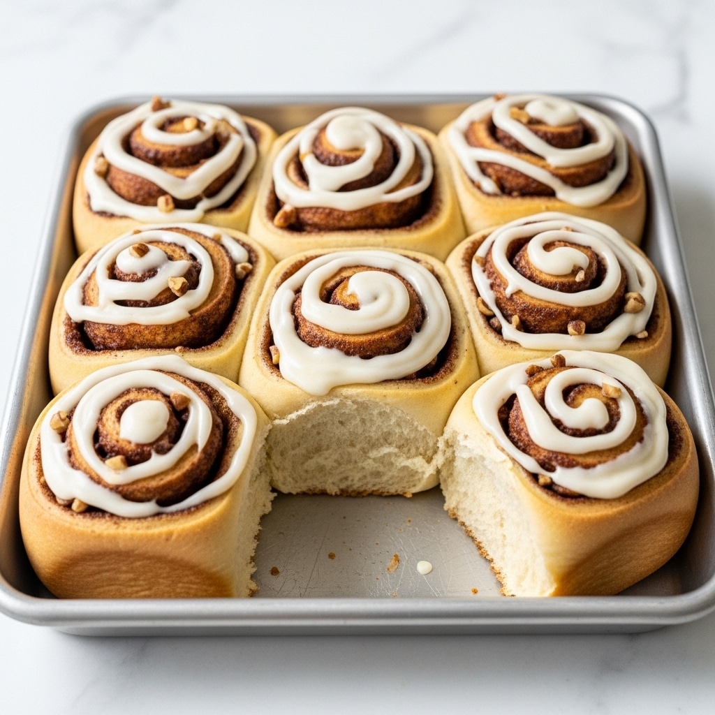 The image shows a close-up of a cinnamon roll with soft, gooey texture. The roll has a visible swirl pattern with a dark brown cinnamon filling inside. The top is covered with creamy, smooth icing that drips slightly down the sides, giving it a shiny appearance. It is placed on a white plate with ridged edges, set on a white marbled surface. Near the plate, a woman's hand is holding a piece of the cinnamon roll with a silver fork resting beside it. In the background, two cinnamon sticks and a striped cloth add a warm touch to the scene. Photo taken with an iphone --ar 4:5 --v 7