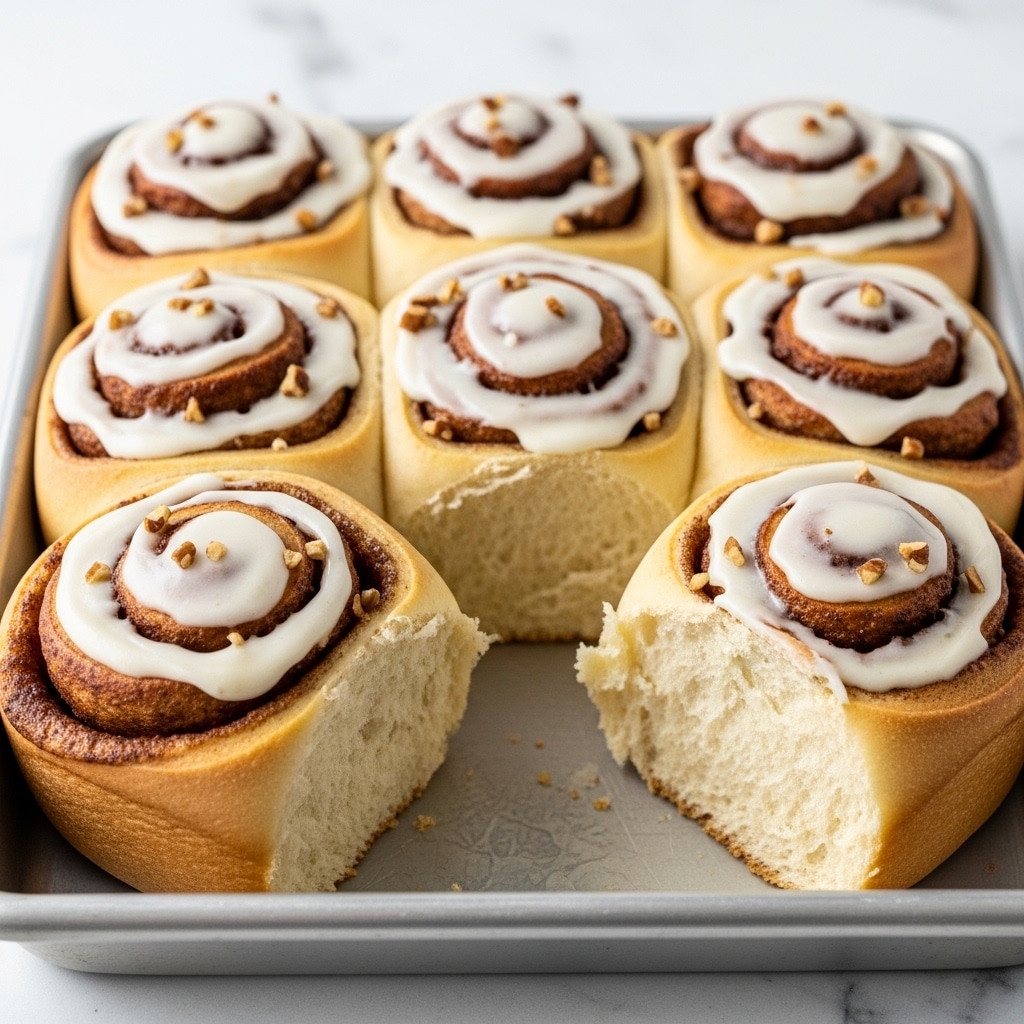 A close-up view of a cinnamon roll placed on a white plate with a scalloped edge, sitting on a white marbled texture surface. The cinnamon roll has two visible layers; the bottom layer is golden brown dough with a soft texture, and the top layer is swirled with a darker brown cinnamon filling. The entire roll is covered with a thick layer of creamy white icing that looks smooth and slightly melted, dripping down the sides. A woman's hand is seen holding a piece of the cinnamon roll, which shows a fluffy, light interior. In the background, two cinnamon sticks rest horizontally on the white marbled surface. Photo taken with an iphone --ar 4:5 --v 7
