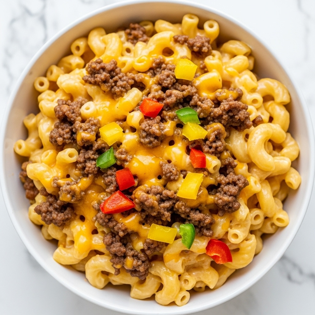 A close-up view of a white bowl filled with creamy macaroni and cheese topped with browned ground beef, melted cheese, and small pieces of yellow and red bell peppers scattered on top, showing a rich mix of golden yellow and brown colors with a slightly bubbly and cheesy texture. The background is a white marbled texture. Photo taken with an iphone --ar 4:5 --v 7