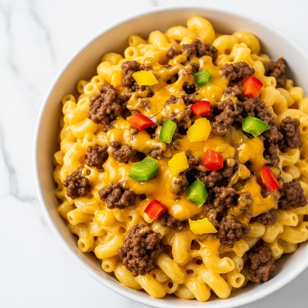 The dish shows a close-up of macaroni pasta mixed with ground beef and small cubes of red and yellow bell peppers, all covered with melted creamy cheese. The macaroni is light yellow, the beef is brown and crumbly, and the cheese looks stretchy and smooth, holding everything together. The ingredients are layered evenly, with the cheese on top melting over the pasta and beef. The food is in a white bowl on a white marbled surface. The image feels warm and freshly cooked, with the focus on the gooey texture of the cheese and the colorful bits of peppers. Photo taken with an iphone --ar 4:5 --v 7
