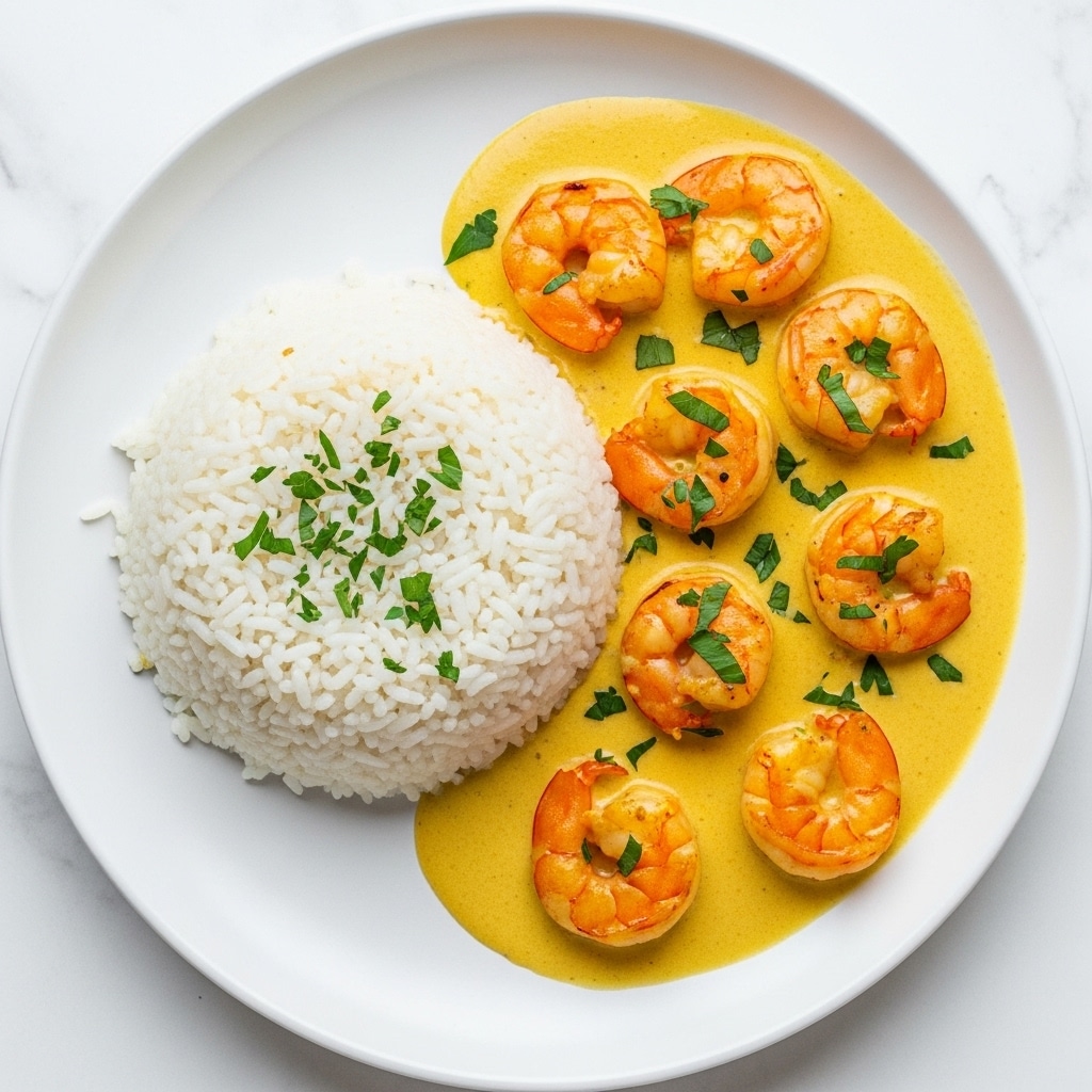 The dish shows a white plate on a white marbled background, with a mound of plain white rice on the left side, fluffy and textured, garnished with chopped green herbs. To the right, there are several orange shrimp cooked in a creamy yellow sauce that is smooth and rich, with visible chopped green herbs sprinkled over the shrimp and sauce. The shrimp are spaced apart and slightly glossy, showing a light sear. The contrast of the white rice, orange shrimp, and yellow sauce creates a vibrant and inviting look. photo taken with an iphone --ar 4:5 --v 7
