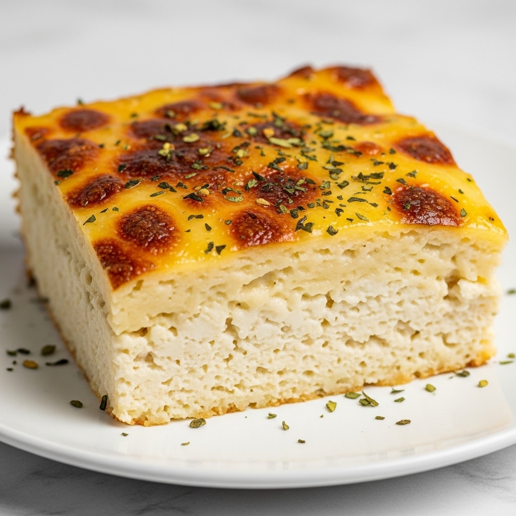 A close-up photo of a piece of baked macaroni and cheese on a white plate, showing three main layers: the top golden-brown crispy cheese layer with small green herb bits sprinkled on it, a middle creamy and slightly browned macaroni layer with visible pasta tubes, and a bottom layer of very creamy, white cheesy sauce. The edges are slightly browned and the texture looks smooth and gooey inside. The white plate rests on a wooden surface with some scattered green herb pieces around. Photo taken with an iphone --ar 4:5 --v 7