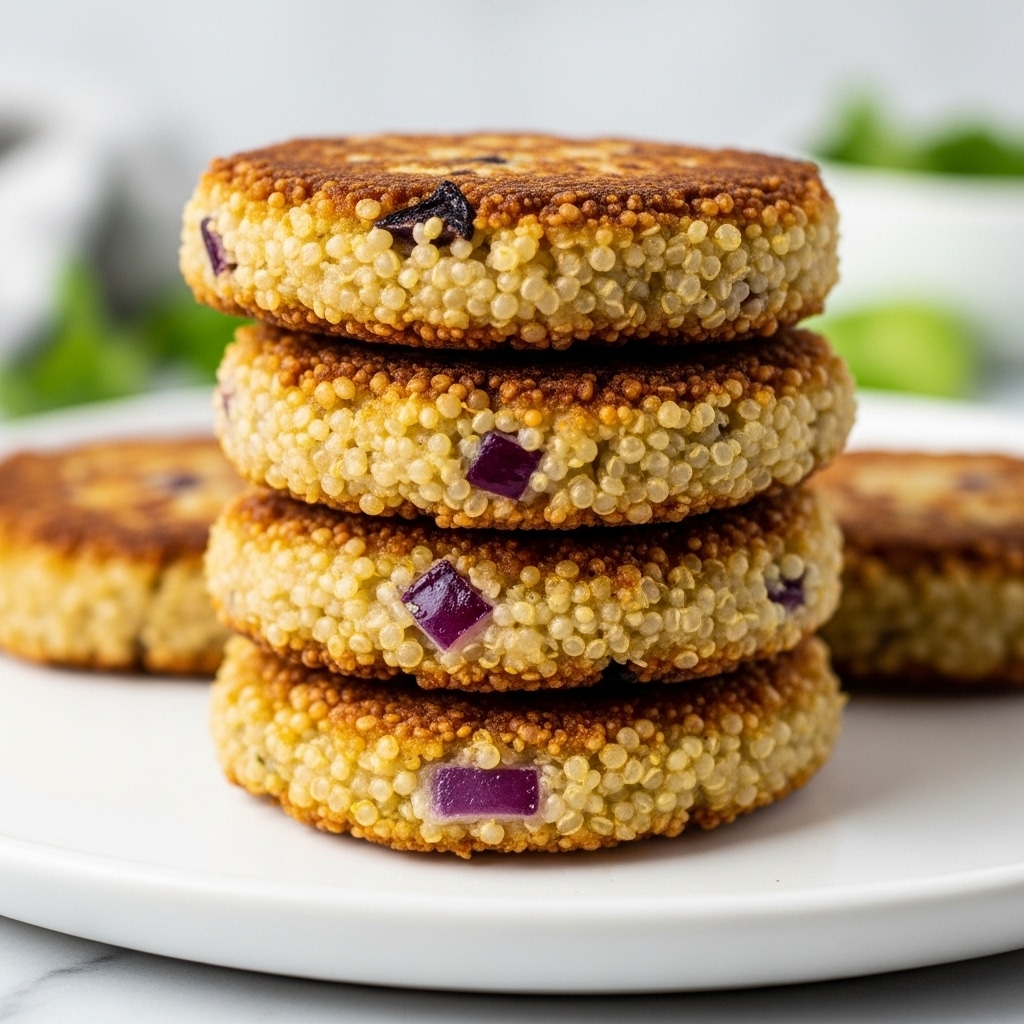 A close-up of a stack of four golden-brown patties with a crispy texture, showing small bits of red onion inside, each patty slightly uneven in shape and thickness. The patties are placed on a simple white plate with a soft white marbled surface in the background. Some green blurred elements can be seen in the background, suggesting a salad or herbs. The lighting is soft and natural, highlighting the crunchy edges of the patties. photo taken with an iphone --ar 4:5 --v 7