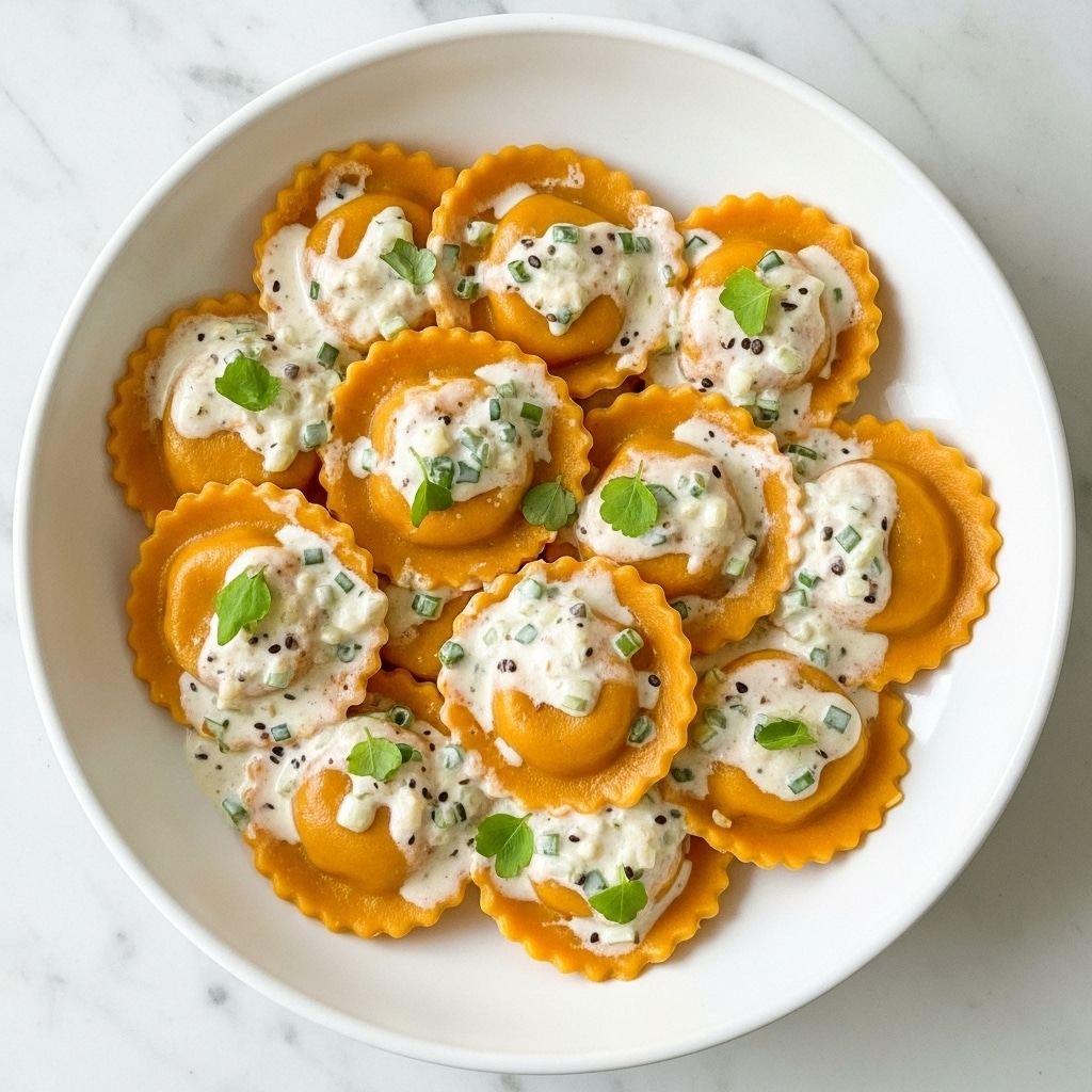 A white bowl filled with about eight orange ravioli pieces, each covered with a creamy white sauce speckled with small green and black bits. The ravioli edges are scalloped, and the sauce looks slightly thick, evenly coating each piece. Small green herb pieces are sprinkled on top, adding texture and color contrast to the dish. The bowl sits on a white marbled surface, and the overall presentation looks warm and inviting. photo taken with an iphone --ar 4:5 --v 7