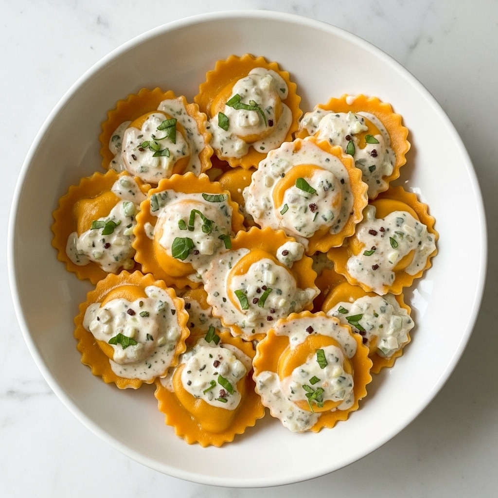 A white bowl filled with about eight round ravioli pieces, each with a vibrant orange pasta shell showing a slightly textured surface and scalloped edges. The ravioli are layered and covered generously with a creamy white sauce speckled with finely chopped dark green herbs and mushrooms, giving the sauce a textured look. Small pieces of fresh green parsley are sprinkled evenly on top, adding a pop of color and freshness to the dish. The bowl is placed on a white marbled surface. photo taken with an iphone --ar 4:5 --v 7