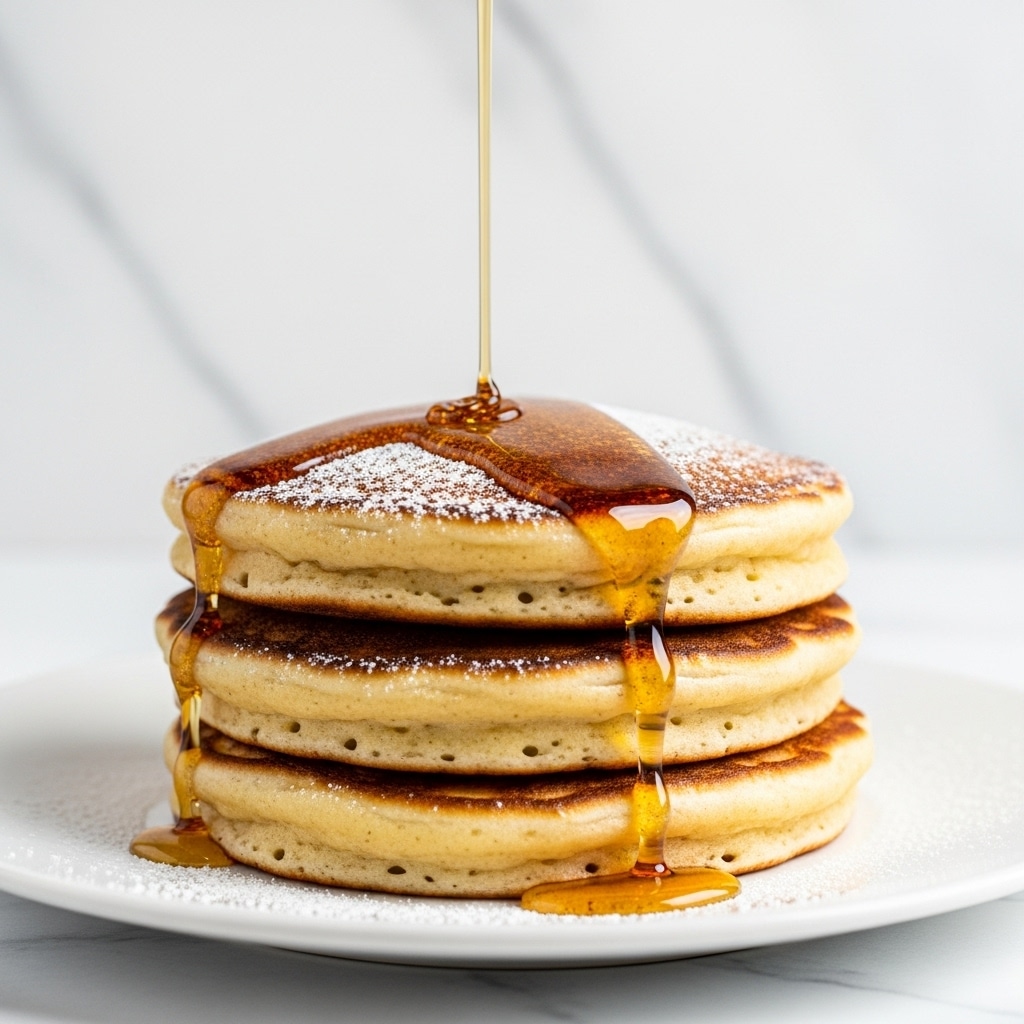 A stack of three thick pancakes with a golden brown color and slightly crispy edges sits on a white plate. The pancakes are dusted lightly with powdered sugar and a golden syrup is being poured slowly over the top, dripping down the sides, adding a shiny, sticky texture. The background is a white marbled texture. The photo taken with an iphone --ar 4:5 --v 7