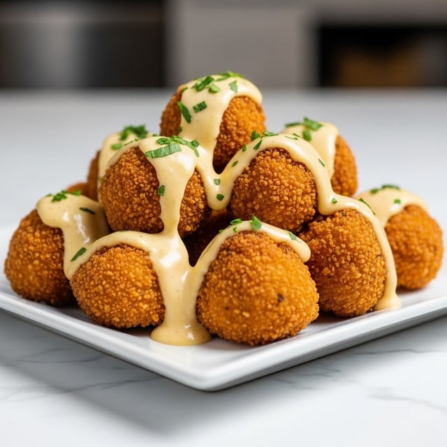 A white square plate holds a pyramid of crispy, golden brown fried cauliflower pieces, each with a crunchy texture. The cauliflower is layered generously with a creamy, light beige sauce that lightly drips down the sides. Small bits of bright green parsley are sprinkled over the cauliflower and sauce, adding a fresh color contrast. The plate sits on a white marbled texture surface, enhancing the warm tones of the food. Photo taken with an iphone --ar 4:5 --v 7