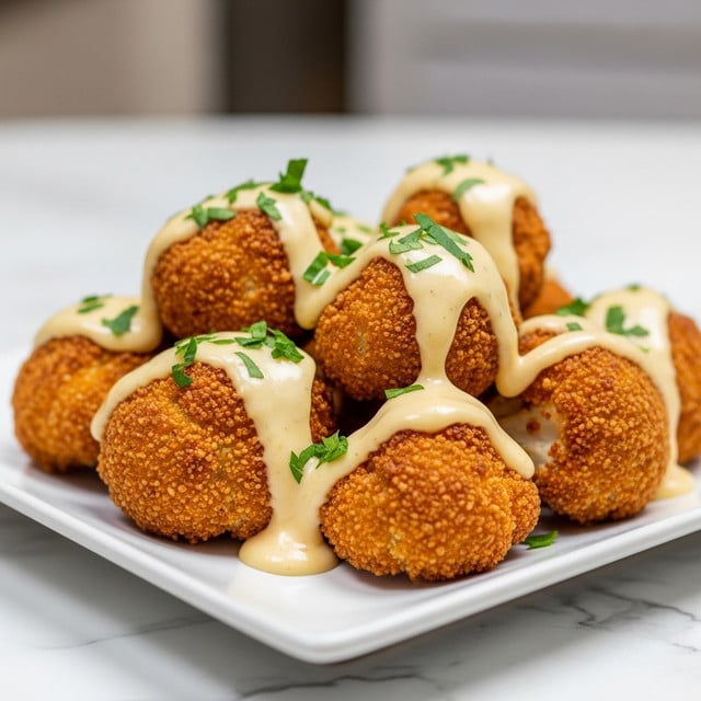 A white square plate holds a pile of about twelve crispy, golden-brown fried balls that look crunchy with small textured bits on their surface. These balls are drizzled with a creamy white sauce that has a smooth, slightly thick texture, pooling at the base of the pile. Bright green chopped herbs are sprinkled over the balls and sauce, adding a fresh color contrast. The plate sits on a white marbled surface. photo taken with an iphone --ar 4:5 --v 7