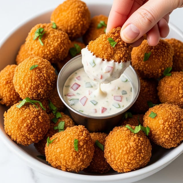 A white bowl filled with several golden-brown crispy fried bites, each coated with a crunchy textured breading and sprinkled with small green herb pieces. In the center of the bowl is a small metal cup holding a creamy, white dipping sauce flecked with red and green herbs. One fried bite is being held above the bowl by a woman's hand, partially dipped and covered in the creamy sauce. The background is a white marbled texture. photo taken with an iphone --ar 4:5 --v 7
