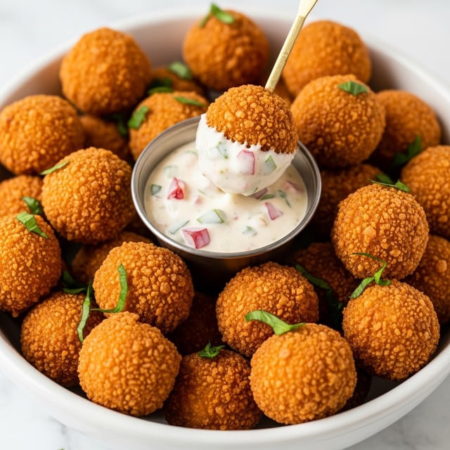 A white bowl filled with many small, golden-brown fried bites covered lightly with green herb pieces on top. In the middle of the bowl is a small silver cup with creamy white dipping sauce mixed with small red and green bits, with one fried bite being dipped into the sauce, its texture crispy and shiny with sauce dripping slightly. The fried bites are arranged close to each other, showing a crunchy and slightly rough texture. The photo is set on a white marbled surface. photo taken with an iphone --ar 4:5 --v 7