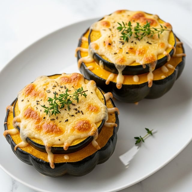Two roasted acorn squash halves sit on a white plate with a light brown rim, placed on a white marbled surface. Each half has a deep green outer skin with a slightly bumpy texture, and the inner flesh is bright yellow-orange, soft and smooth. The filling inside the squash is golden brown, bubbly, and slightly crispy on top with melted cheese that looks creamy and rich. Small black specks of herbs and seasoning are scattered on the cheese layer, adding texture and color contrast. Fresh green thyme sprigs garnish the center of each half, enhancing the visual appeal. Photo taken with an iphone --ar 4:5 --v 7