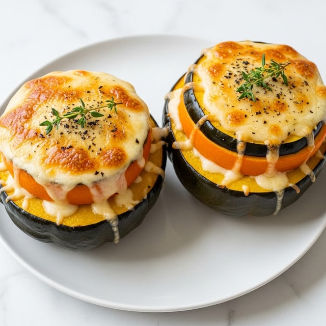 The image shows two dark green acorn squash halves placed on a white plate, on a white marbled surface. Each squash half has three layers: the outer dark green skin, a middle bright orange layer that is soft and smooth, and a top layer of melted cheese with a golden-brown crust and specks of black herbs. On top of each cheese-covered squash half is a small sprig of fresh green thyme, adding color contrast and a touch of garnish. The texture of the cheese looks creamy and slightly bubbly, with spots of darker caramelization around the edges. photo taken with an iphone --ar 4:5 --v 7