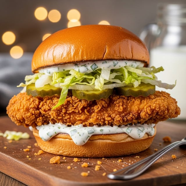 A close-up image of a fried chicken sandwich on a shiny golden brown bun with a white marbled texture background. The sandwich has four layers: the bottom layer is a light golden brown bun spread with a thick, creamy white sauce flecked with green herbs; above it is a crispy, crunchy fried chicken fillet with a rich golden color; next is a layer of shredded pale green lettuce mixed with white creamy dressing; and on top are three thick, round pickle slices with a bright green and darker green edge. The shiny top bun sits slightly pressed on the pickle layer. Photo taken with an iphone --ar 4:5 --v 7