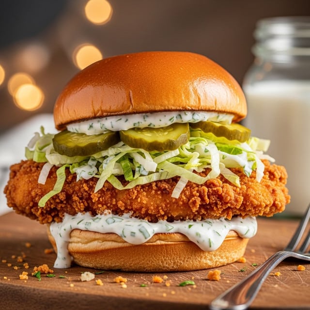 A crispy golden-brown fried chicken fillet sits on a soft, shiny, light brown toasted bun base spread thickly with white ranch sauce speckled with green herbs. On top of the chicken is a layer of shredded pale green lettuce mixed with more creamy ranch dressing, followed by several round, bright green pickle slices. The sandwich is crowned with a smooth, glossy toasted bun top. The sandwich rests on a wooden board with some crumbs around it, and a silver fork lies nearby. The background is softly blurred with warm, cozy tones, and a glass jar filled with white liquid is visible. Photo taken with an iphone --ar 4:5 --v 7